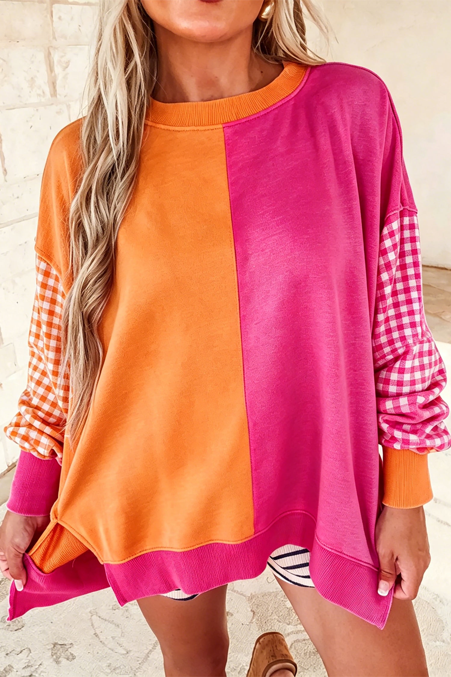 Light Blue Colorblock Gingham Sleeve Crewneck Sweatshirt