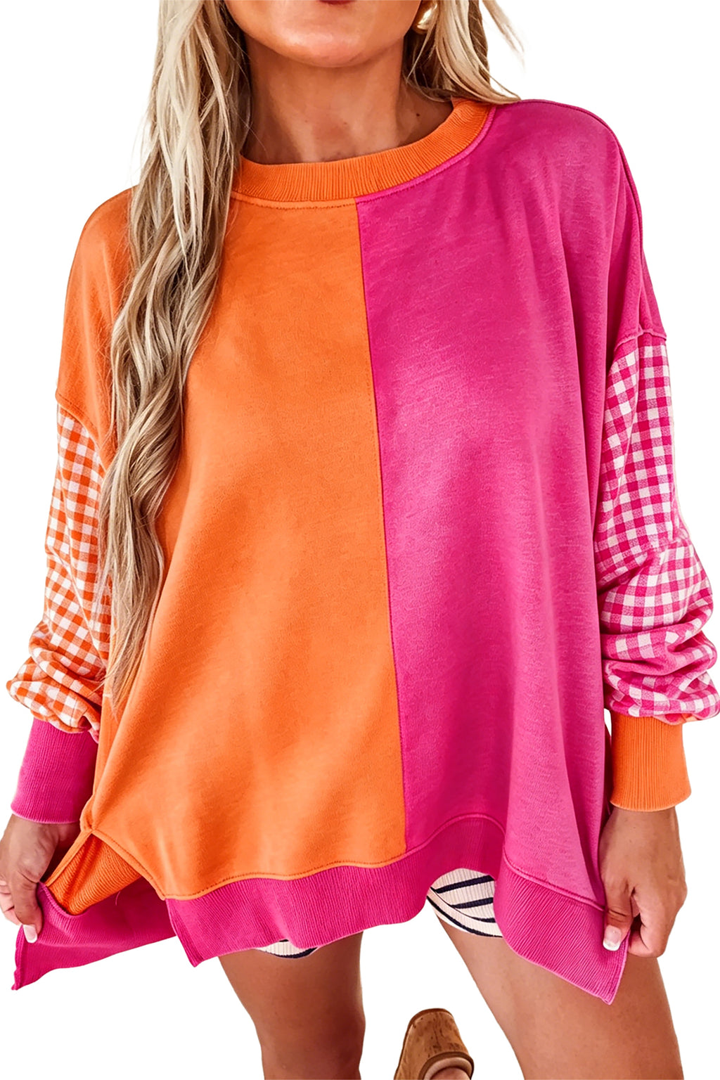 Light Blue Colorblock Gingham Sleeve Crewneck Sweatshirt