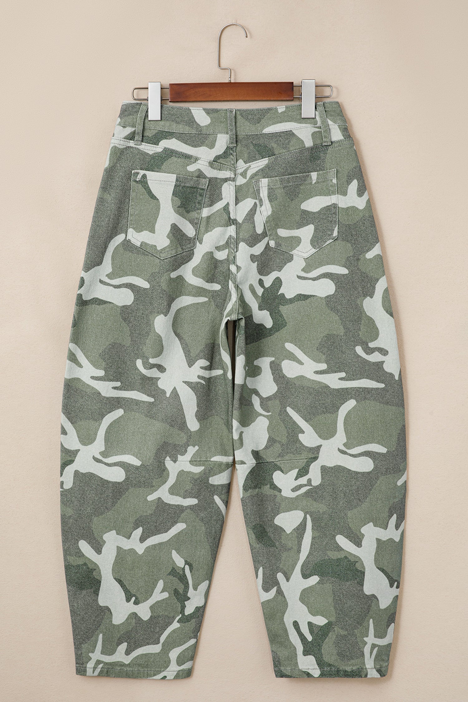 Green Camo Print Button Fly Straight Leg Ankle Length Jeans
