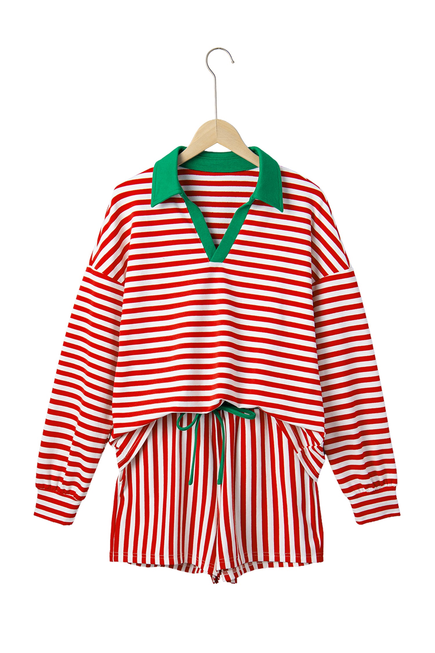 Red Stripe Colorblock Trim Polo Collar Drawstring Elastic Waist Band Casual 2pcs Outfit