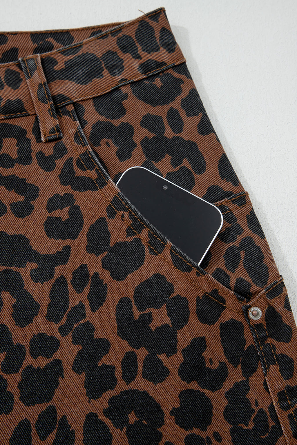 Brown Clear Seam Detail Patchwork Leopard Print Barrel Jeans