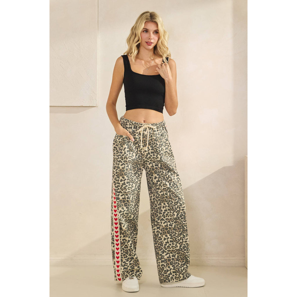 Leopard Printed Striped Wide Legged Pants