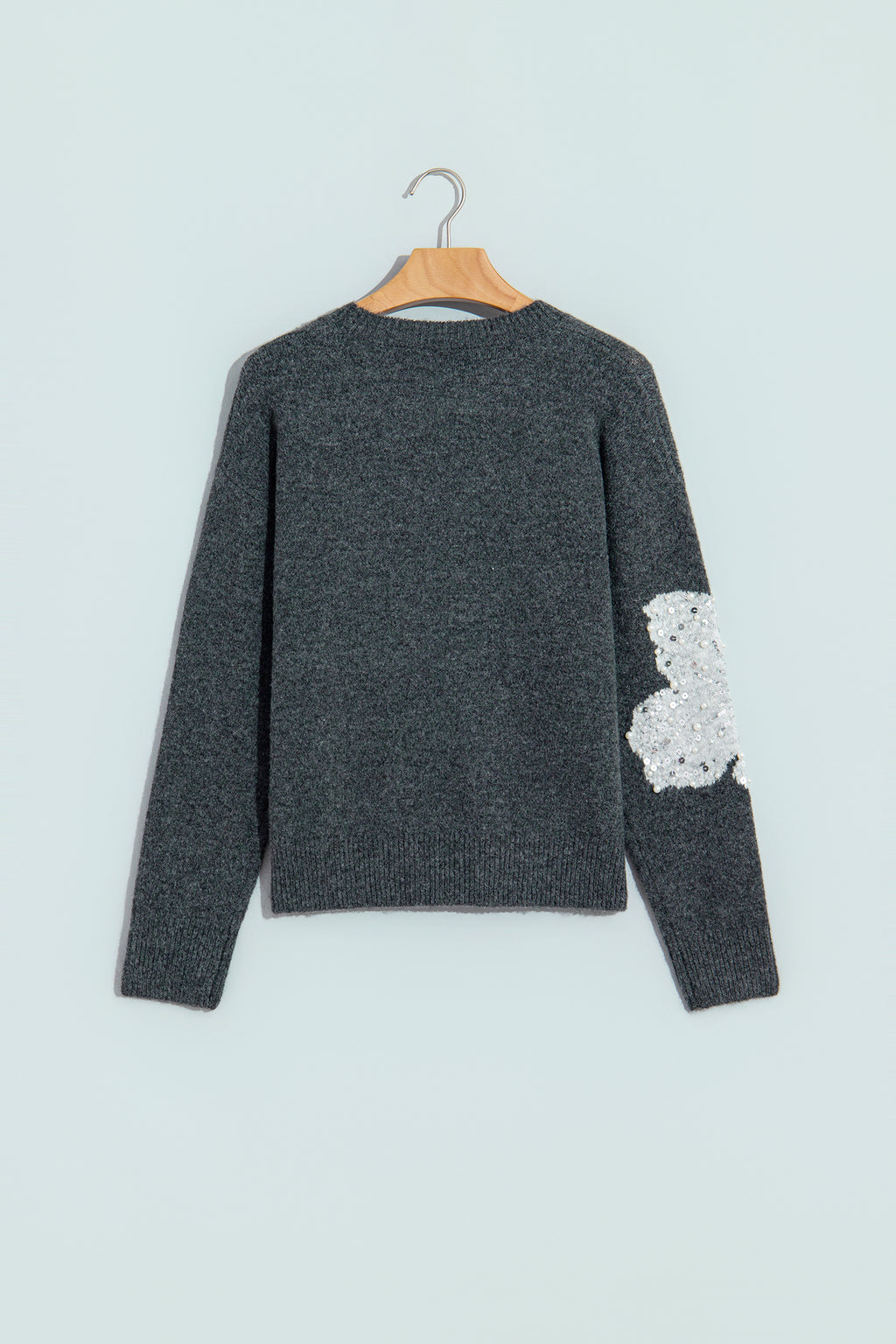 Dark Grey Beaded Floral Accent Casual Round Neck Sweater