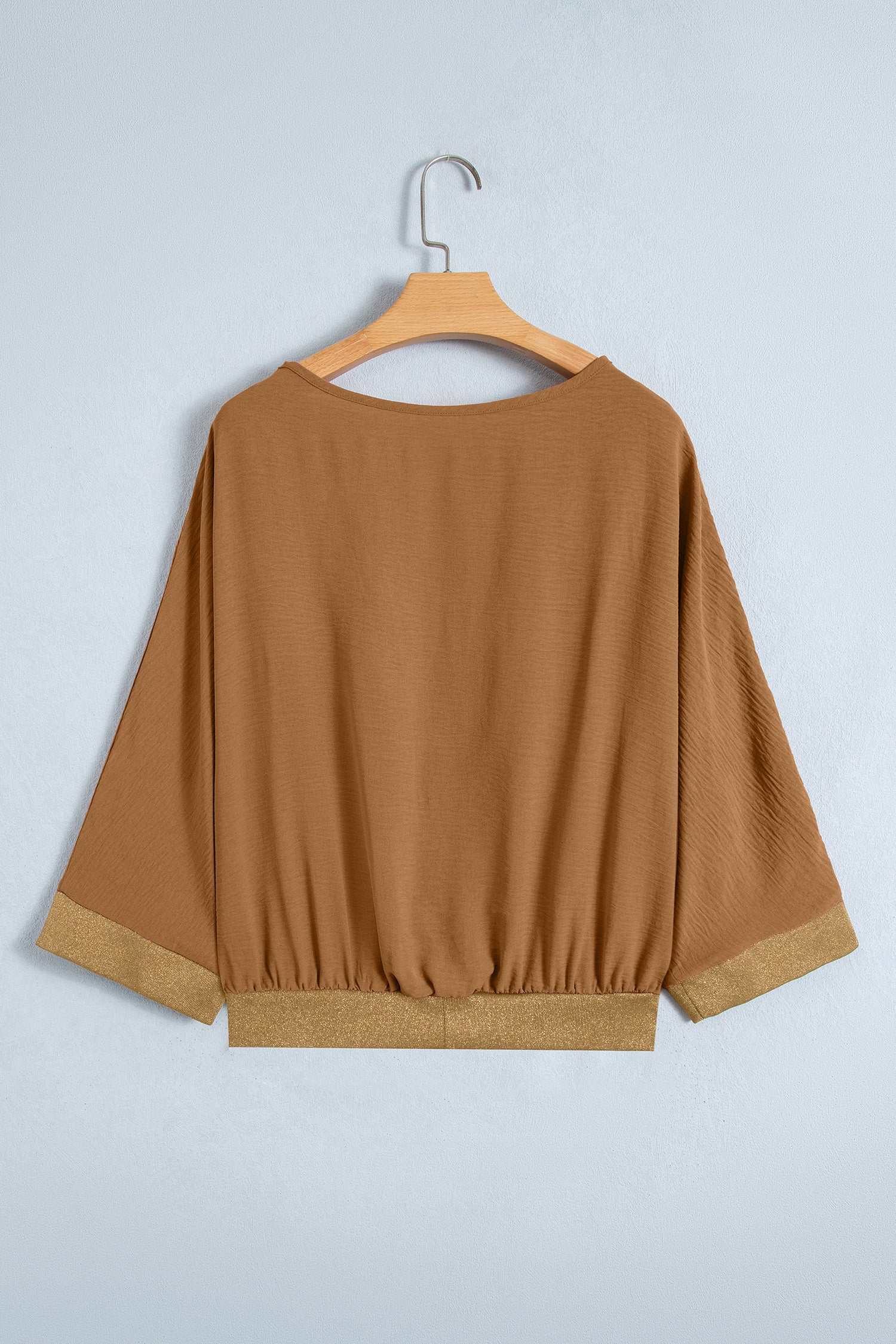 Brown V Neck Glitter Trim Patchwork Button-Front Blouse