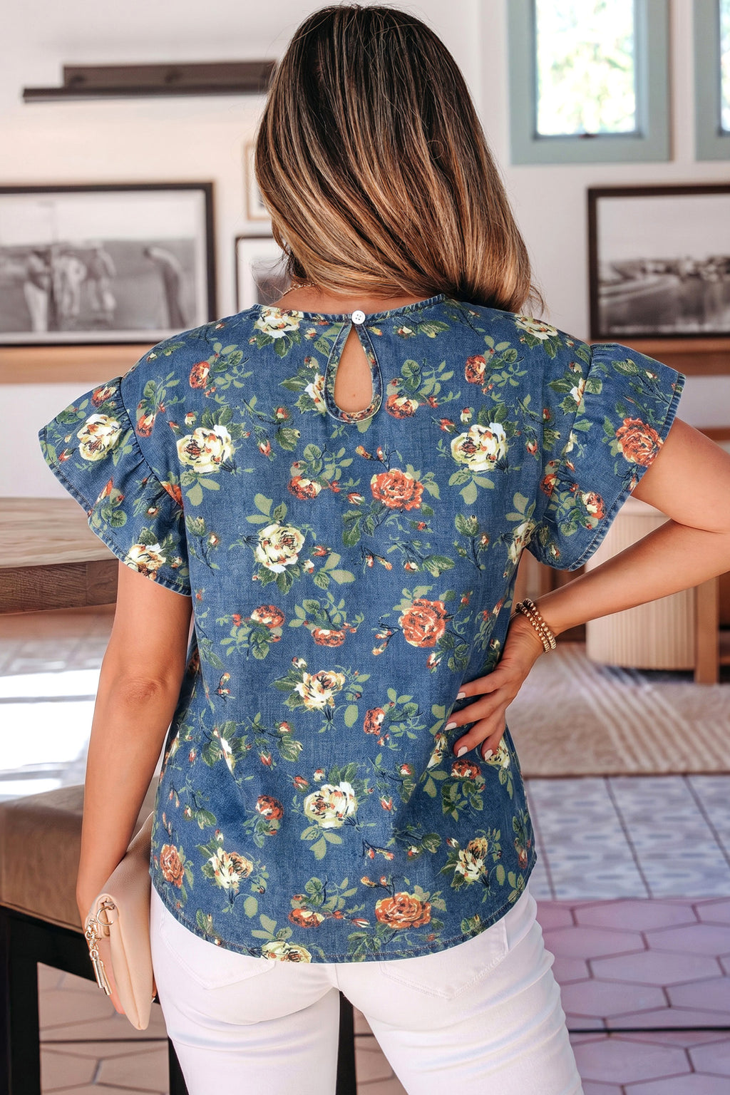 Ashleigh Blue Ruffled Short Sleeve Floral Denim Top