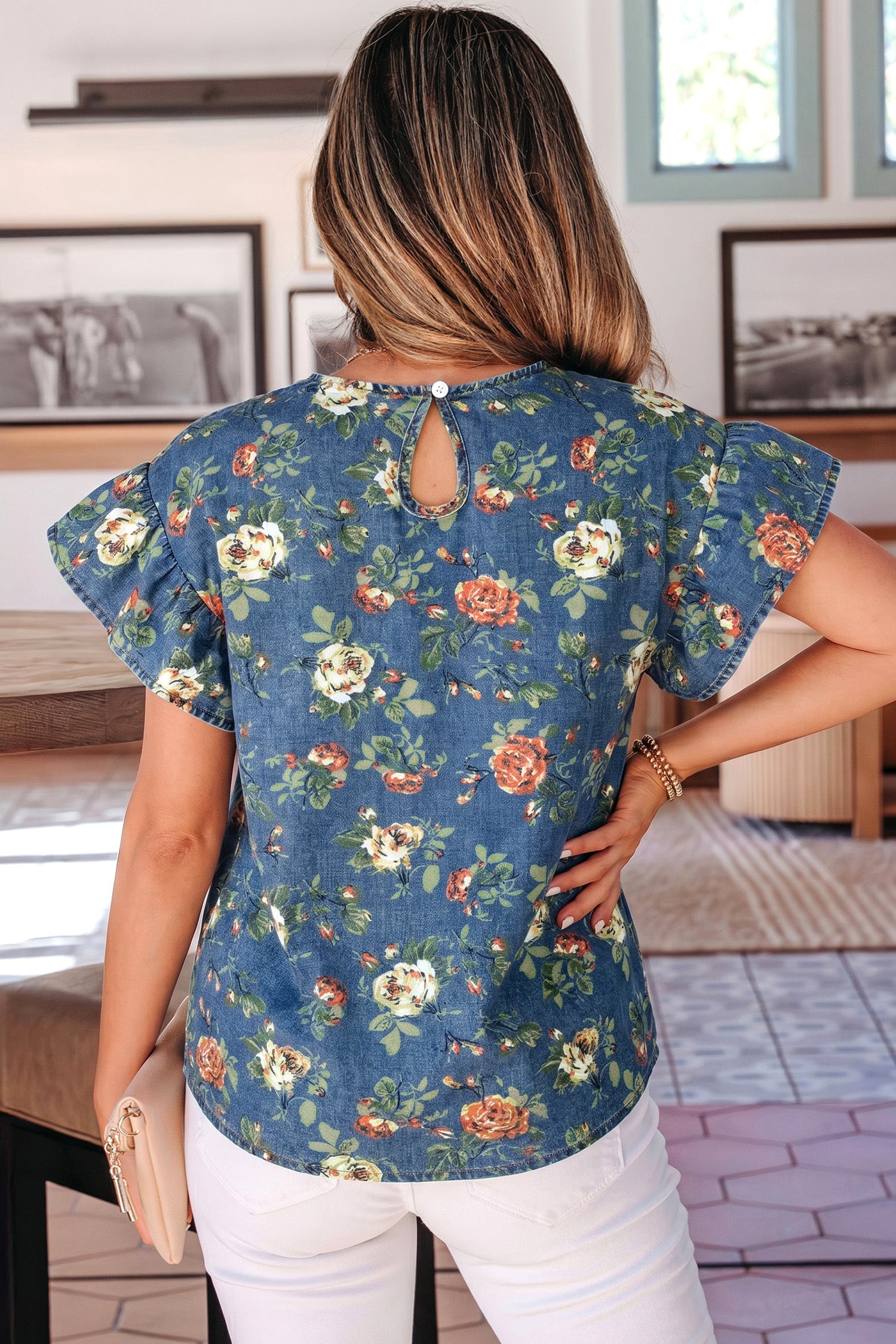 Ashleigh Blue Ruffled Short Sleeve Floral Denim Top