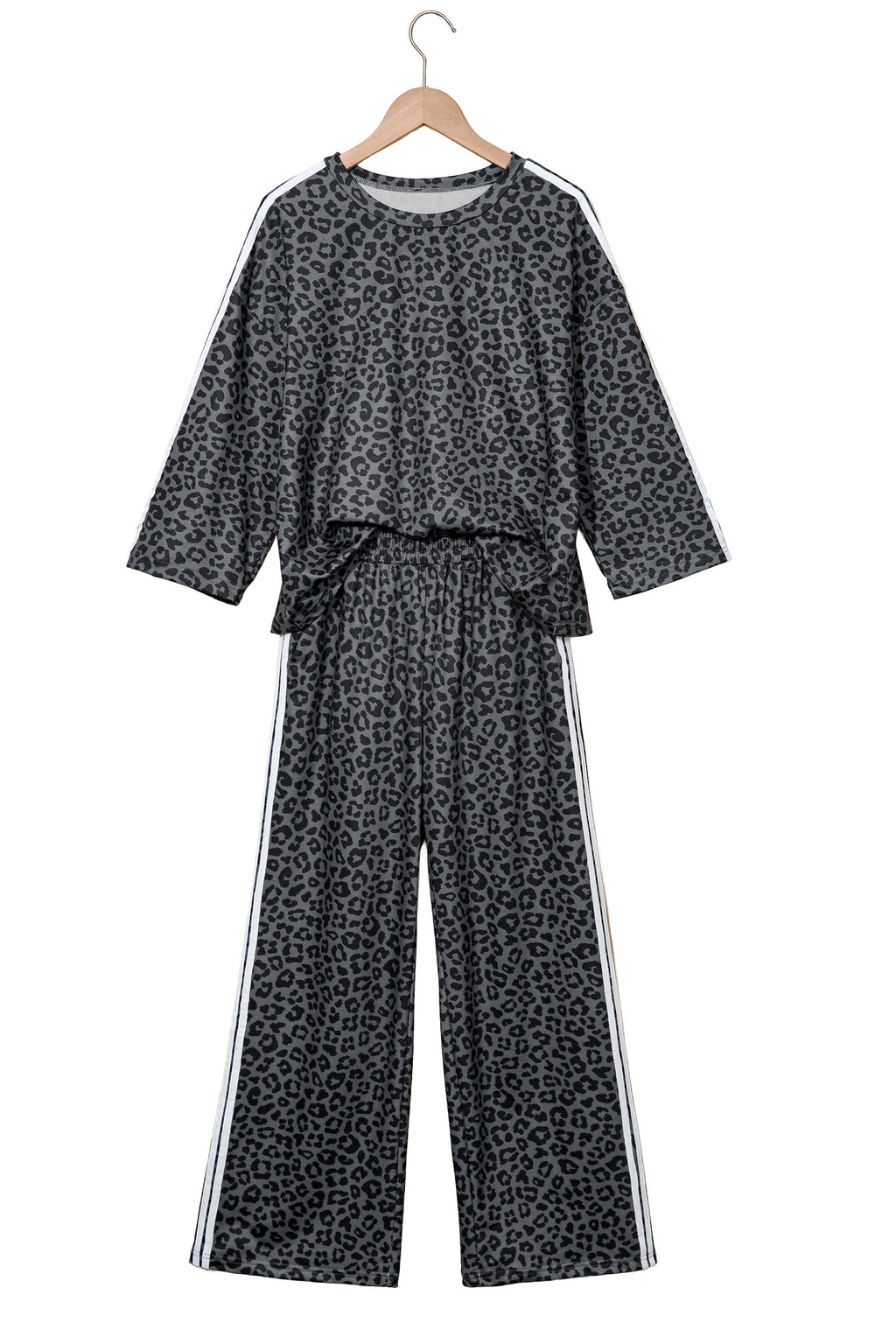 Gray Leopard Print Varsity Striped Detail 3/4 Sleeve Top Shift Pant Set