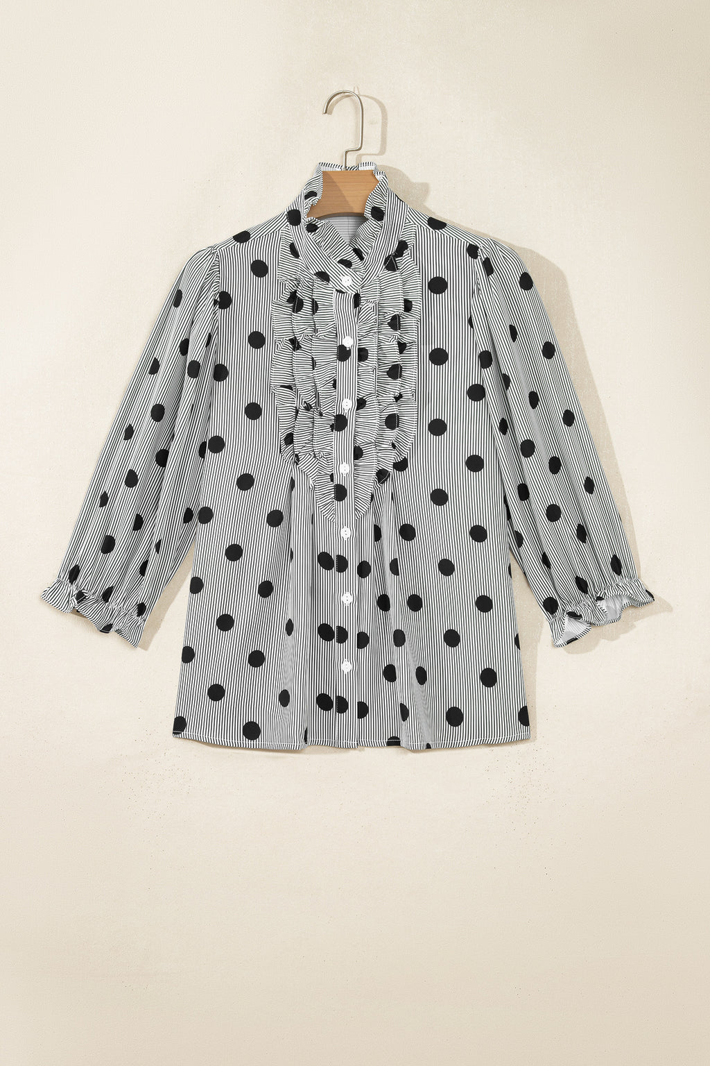 Sky Blue Polka Dot Print Ruffle Stand Neck 3/4 Sleeve Shift Shirt