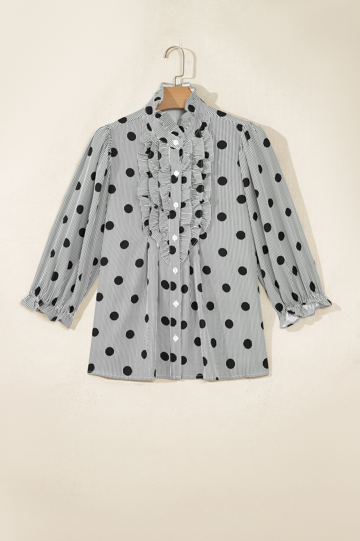 Sky Blue Polka Dot Print Ruffle Stand Neck 3/4 Sleeve Shift Shirt