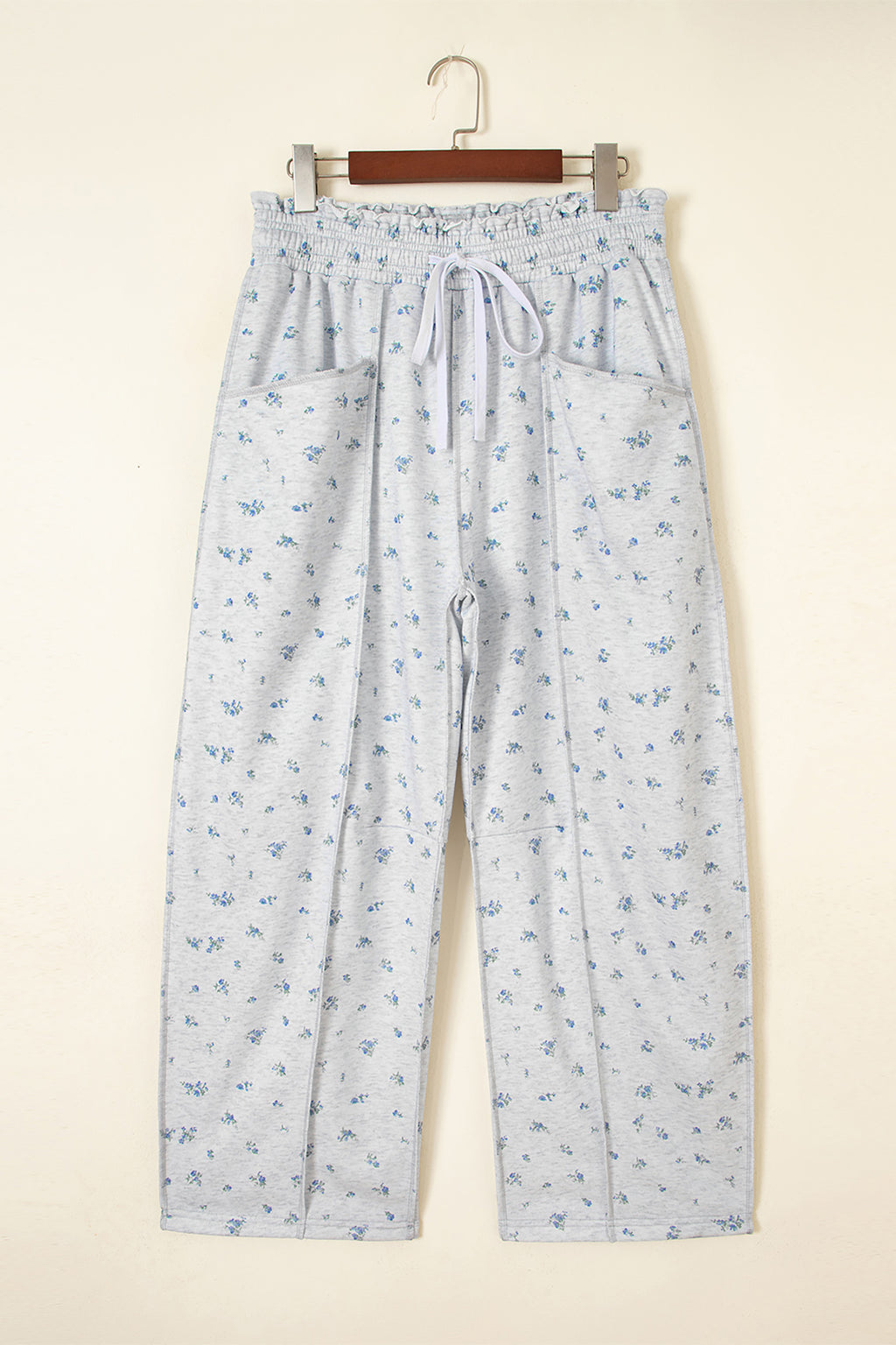 Gray Floral Print Elastic Waist Regular Fit Pants