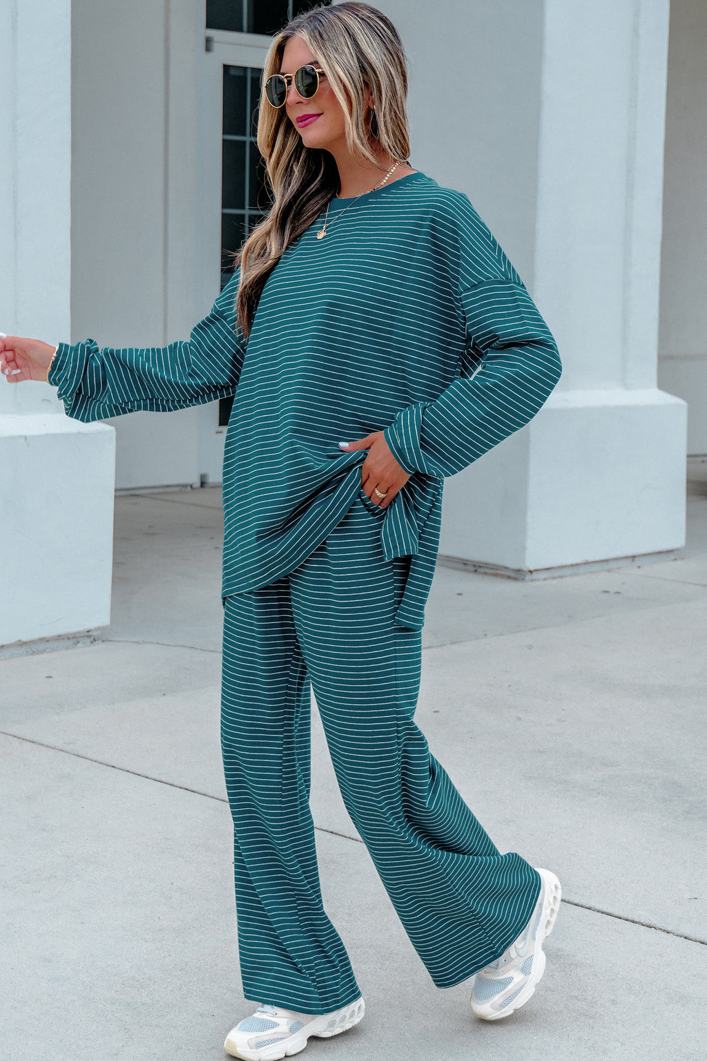 Green Stripe Dropped Shoulder Long Sleeve Top Elastic Waist Pants Casual 2pcs Set
