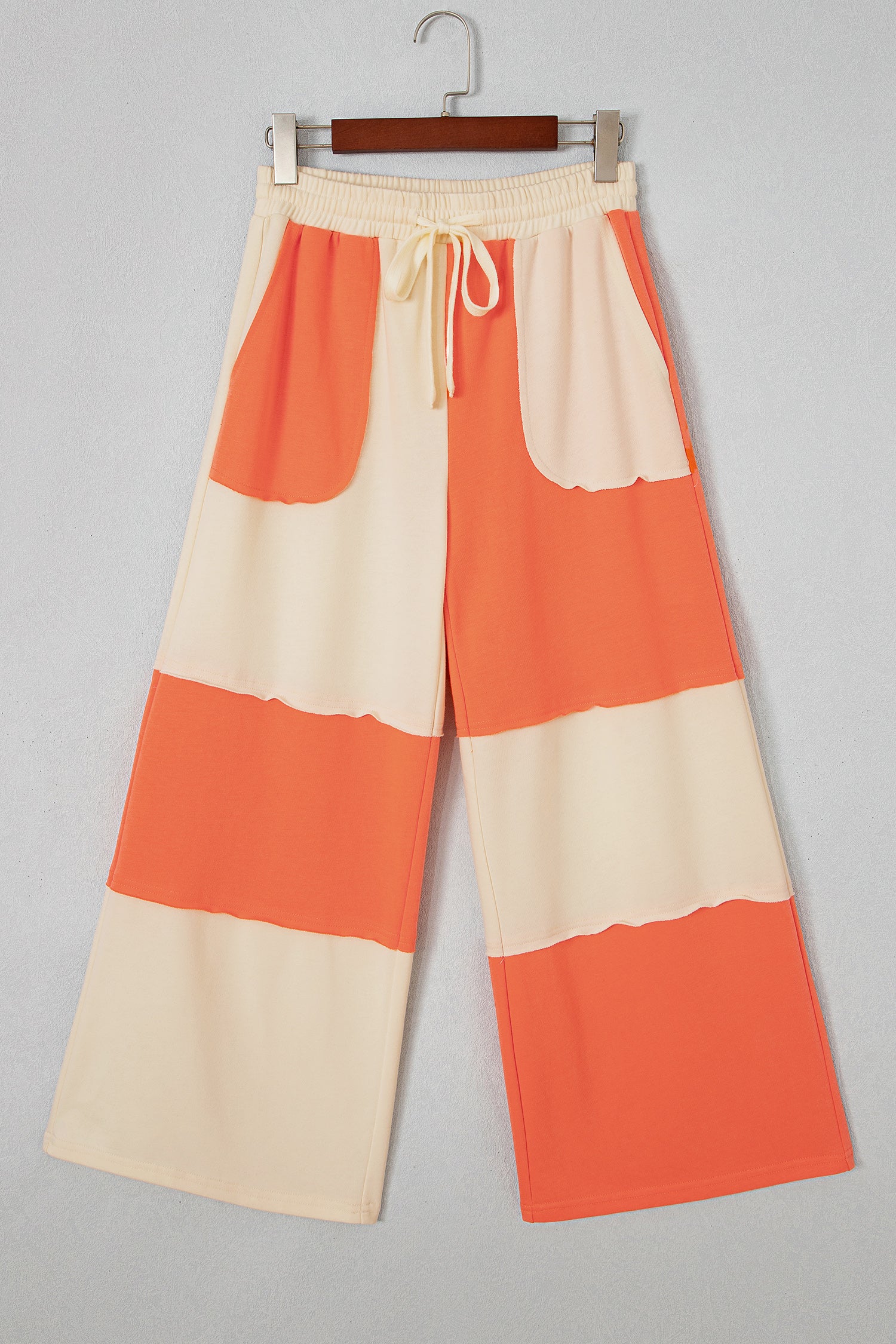 Fiery Red Raw Seam Colorblock Wide Leg Ankle Length Casual Pants