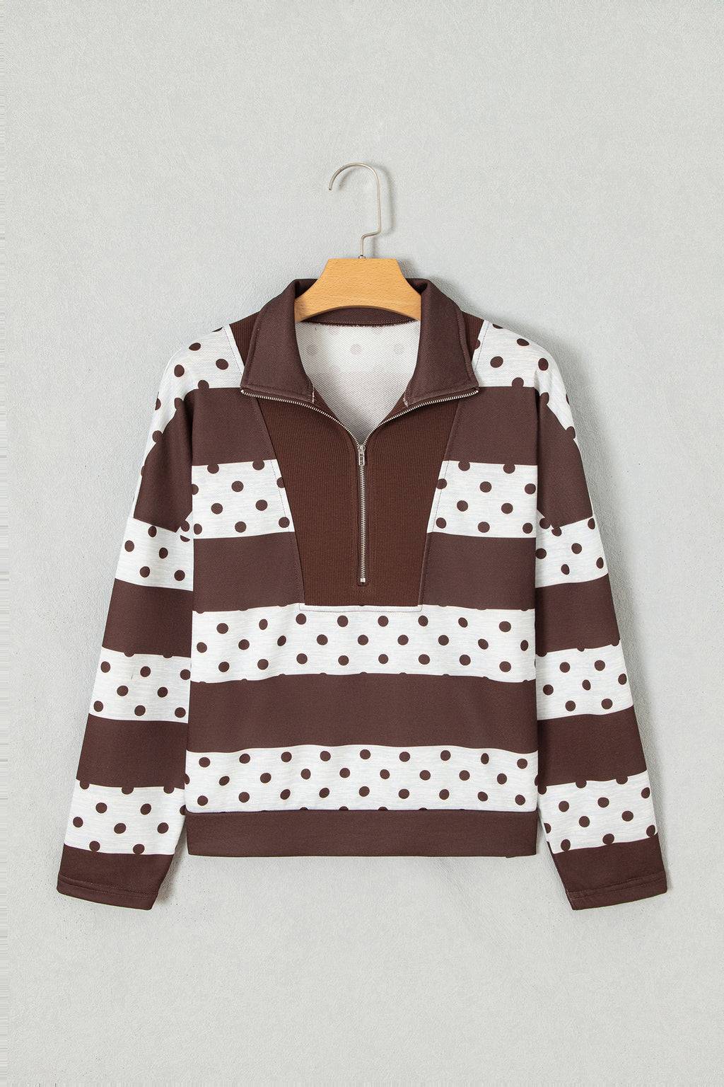 Pink Stripe Patchwork Polka Dot Accent Quarter Zip Long Sleeve Top