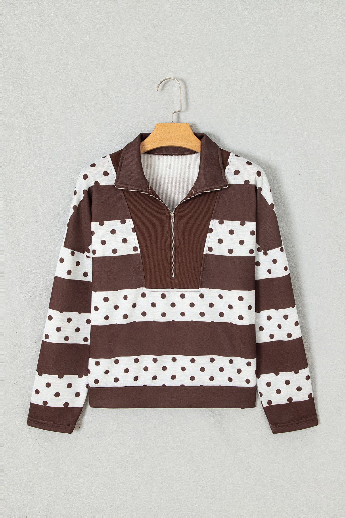 Pink Stripe Patchwork Polka Dot Accent Quarter Zip Long Sleeve Top