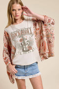 Rock N Roll Vintage Graphic Rustic Sheer Sleeves Kaftan Top