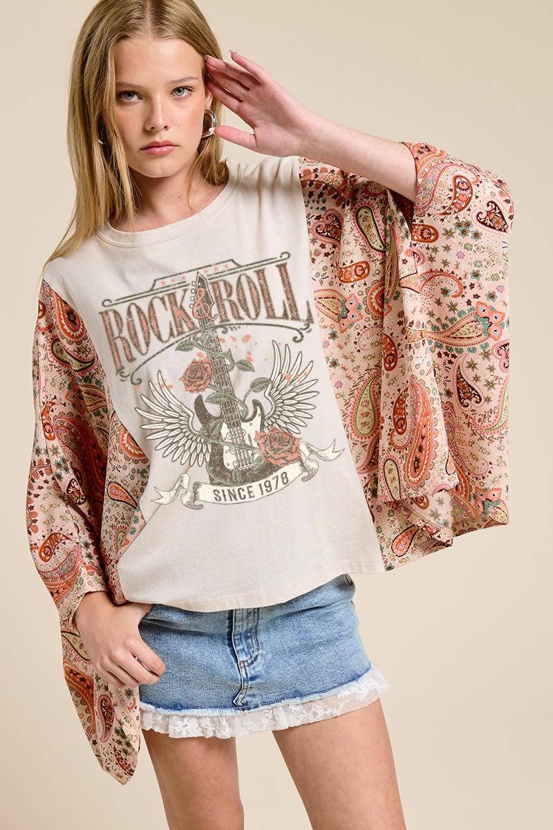 Rock N Roll Vintage Graphic Rustic Sheer Sleeves Kaftan Top