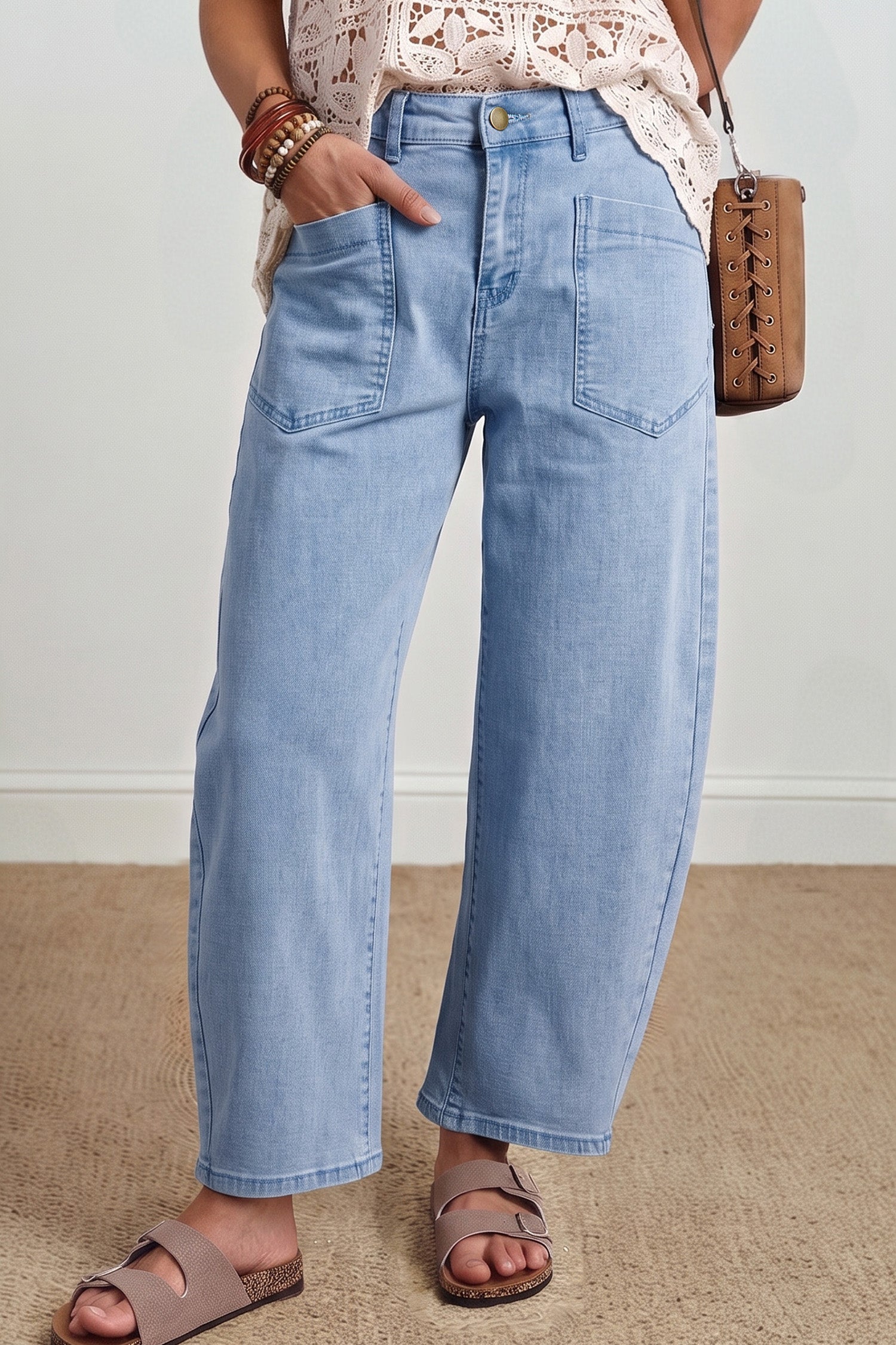 Coffee Solid Color Square Patch Pocket Ankle-length Barrel Jeans