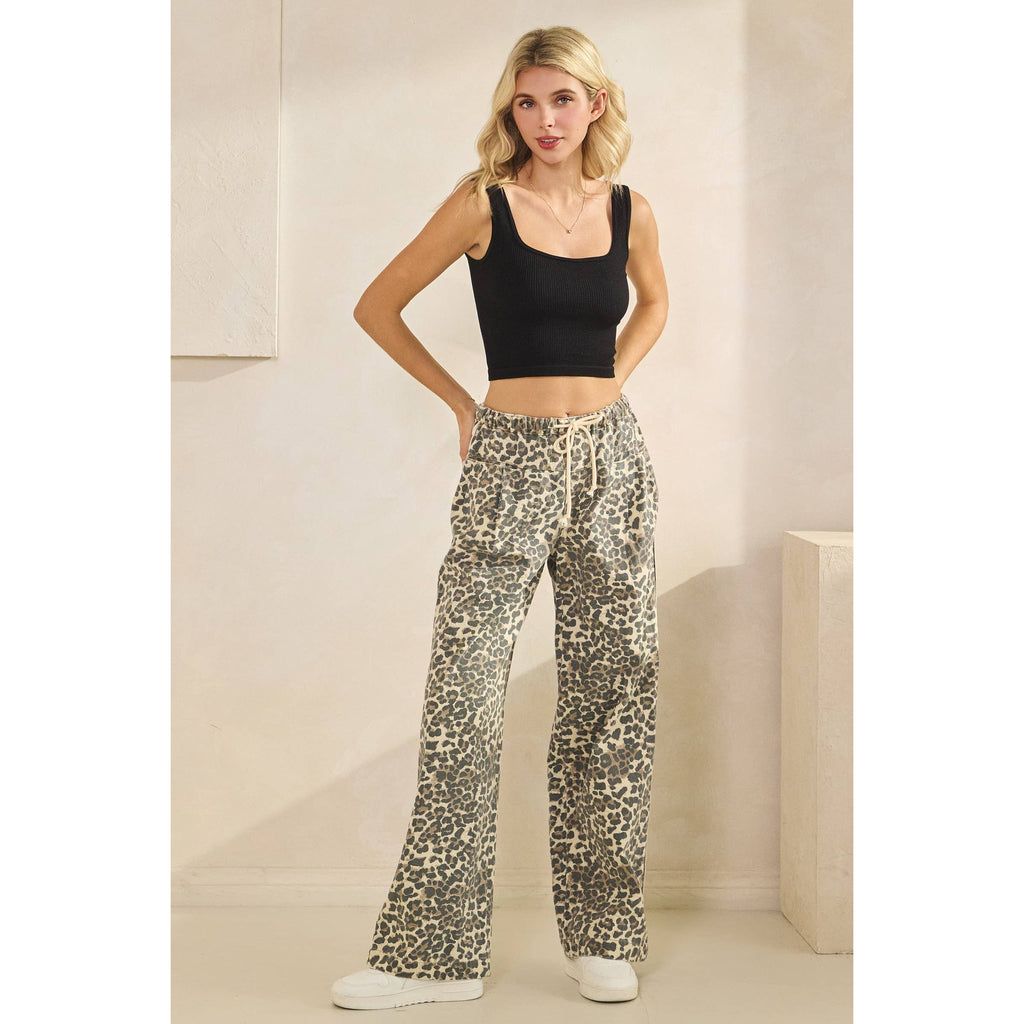 Leopard Printed Striped Wide Legged Pants