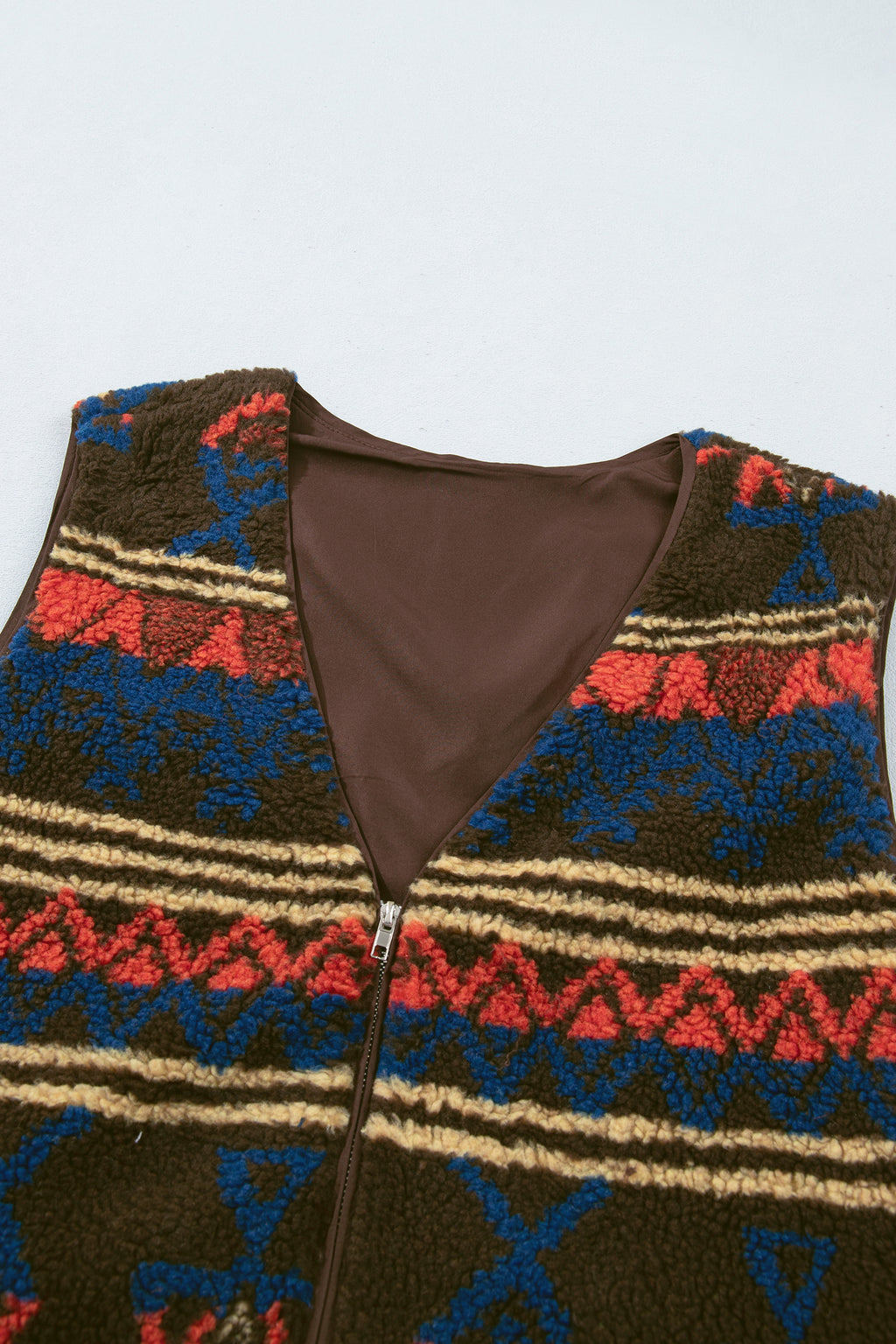 Multicolour Western Print Faux Fur Metal Zipper Insert Pockets Sleeveless Vest