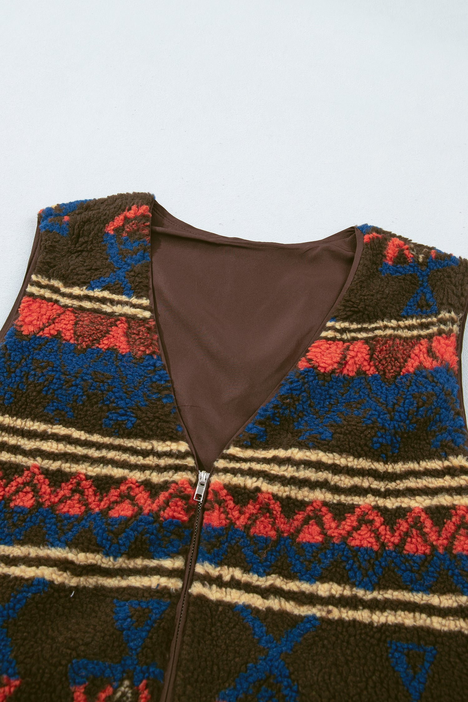 Multicolour Western Print Faux Fur Metal Zipper Insert Pockets Sleeveless Vest