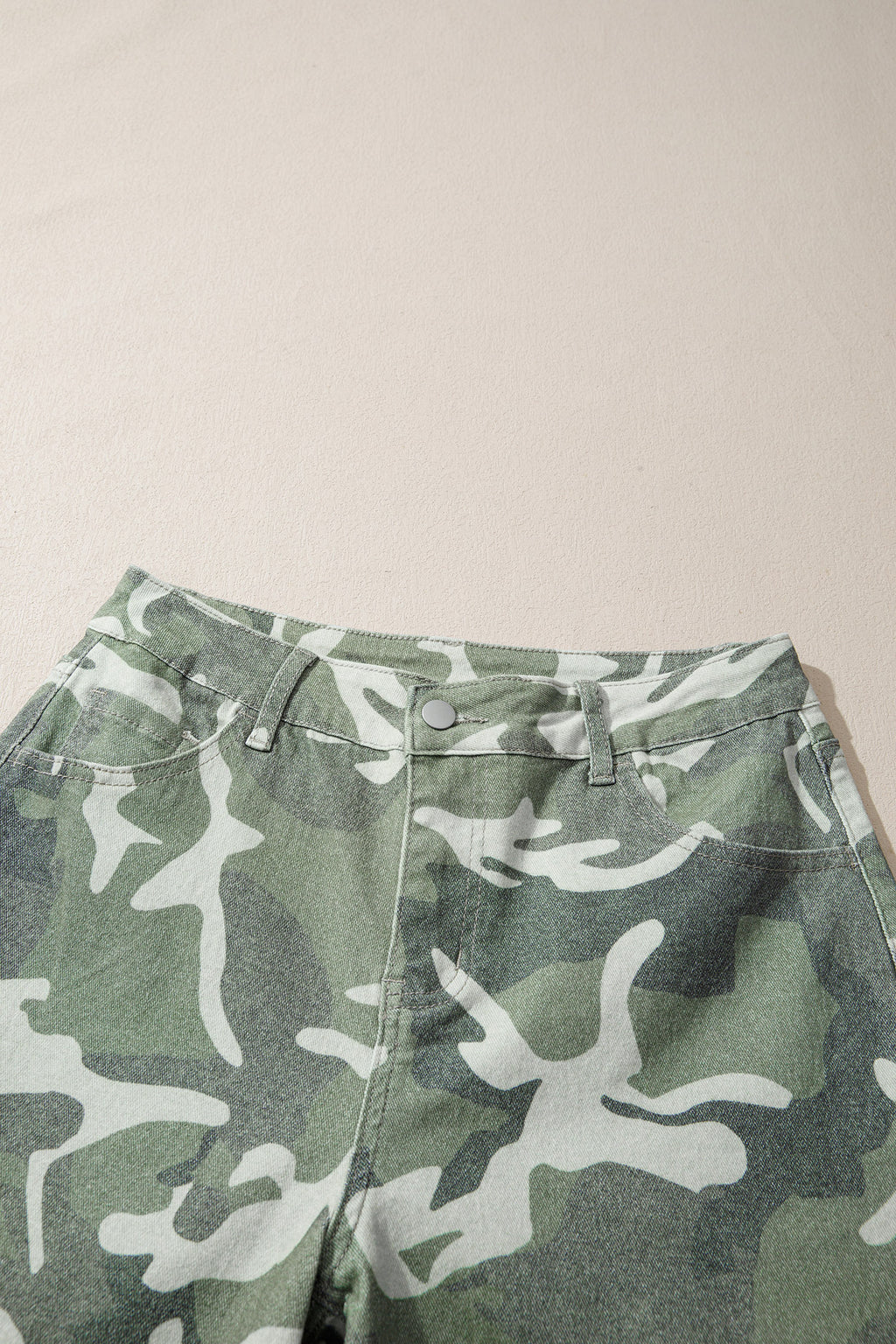 Green Camo Print Button Fly Straight Leg Ankle Length Jeans