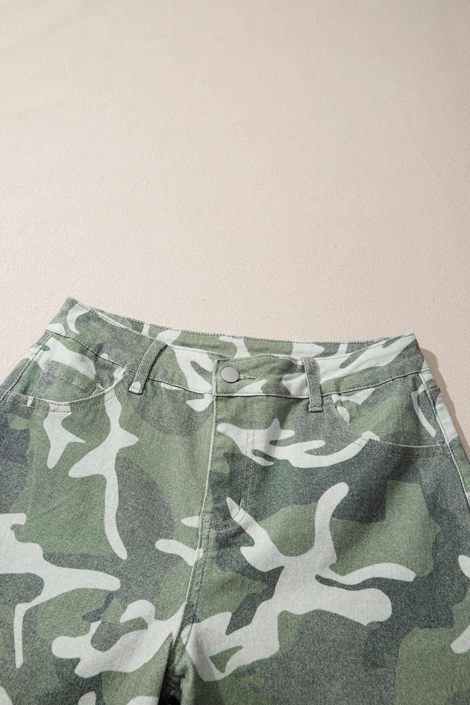 Green Camo Print Button Fly Straight Leg Ankle Length Jeans
