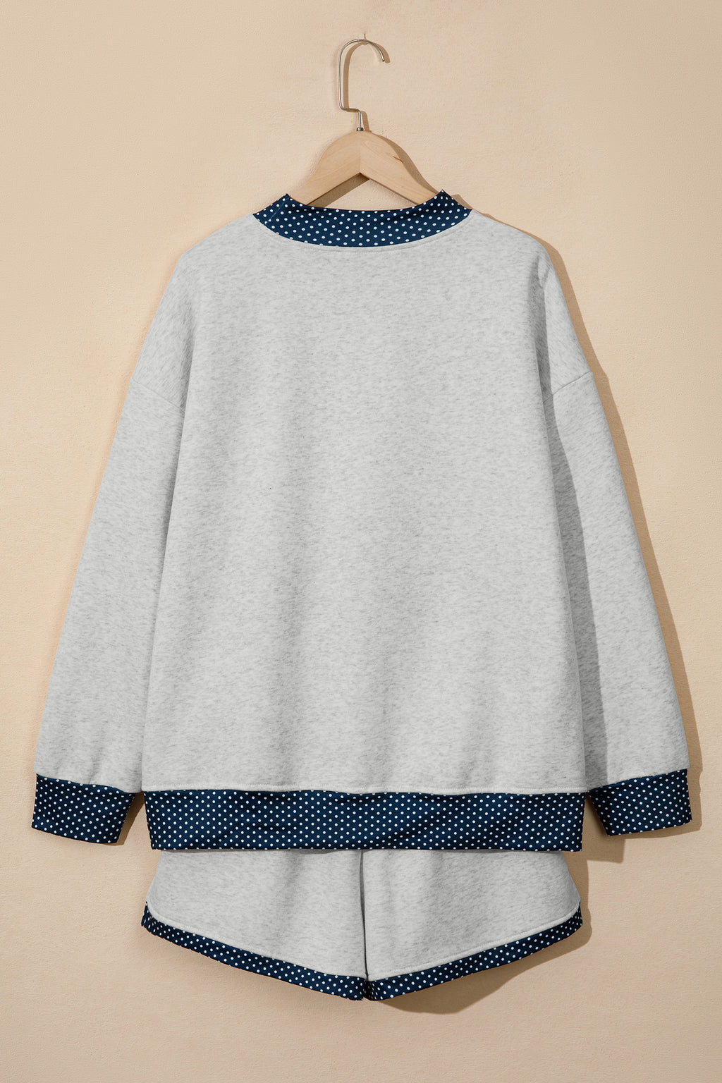 Light Grey Polka Dot Patchwork Mock Neck Pullover Casual Shorts Set