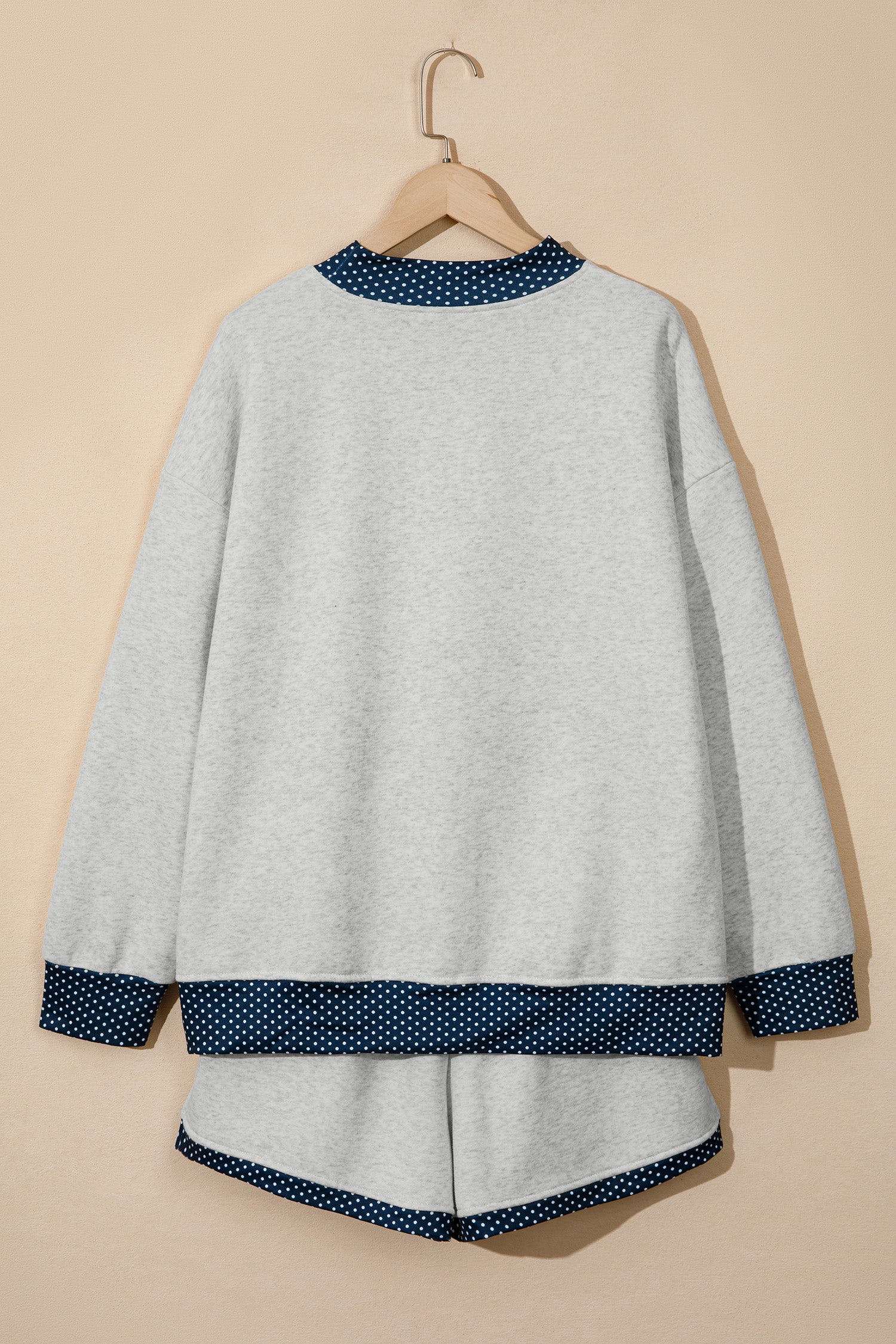 Light Grey Polka Dot Patchwork Mock Neck Pullover Casual Shorts Set