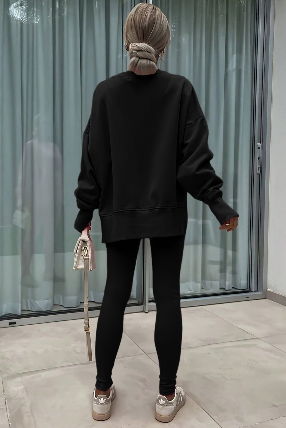 Jet Stream Solid Color Oversize Slit Sweatshirt Ribbed Leggings 2pcs Set