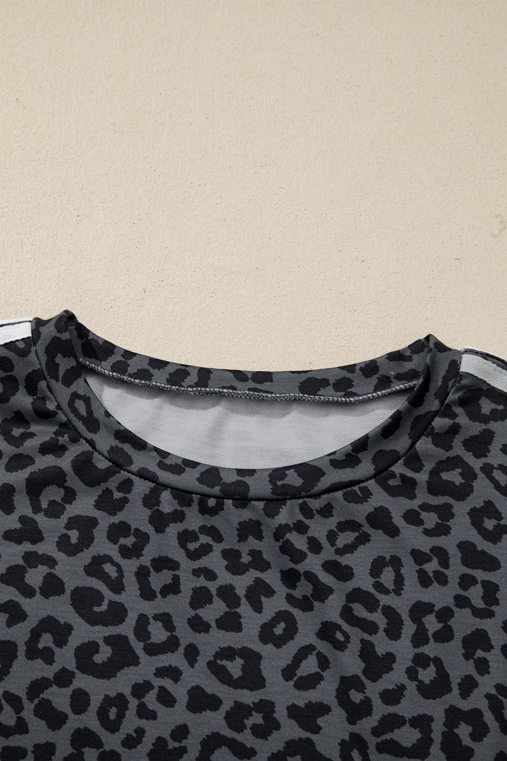 Gray Leopard Print Varsity Striped Detail 3/4 Sleeve Top Shift Pant Set
