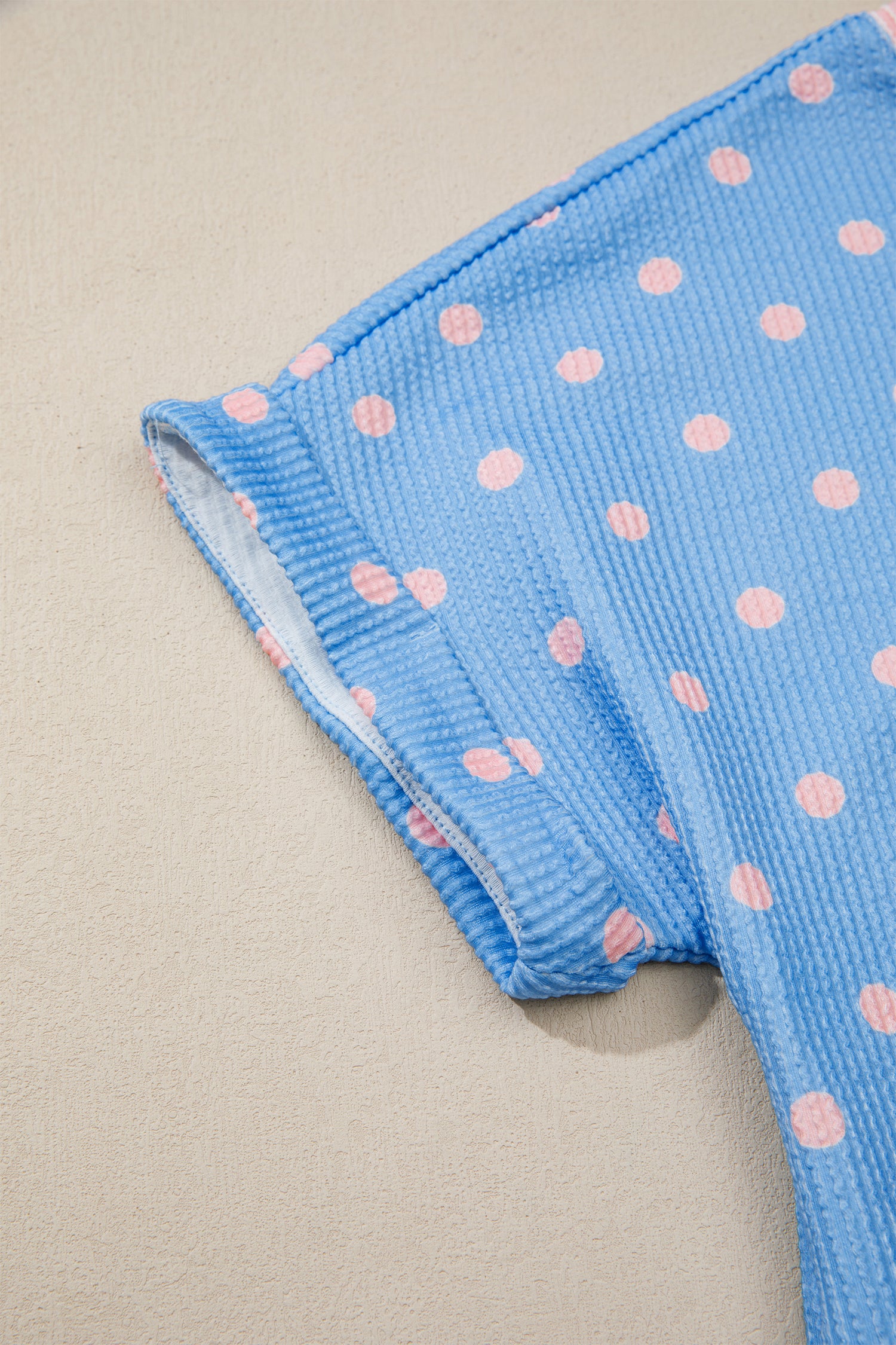 Sky Blue Raised Rib Polka Dot Print Cuffed Short Sleeve Top