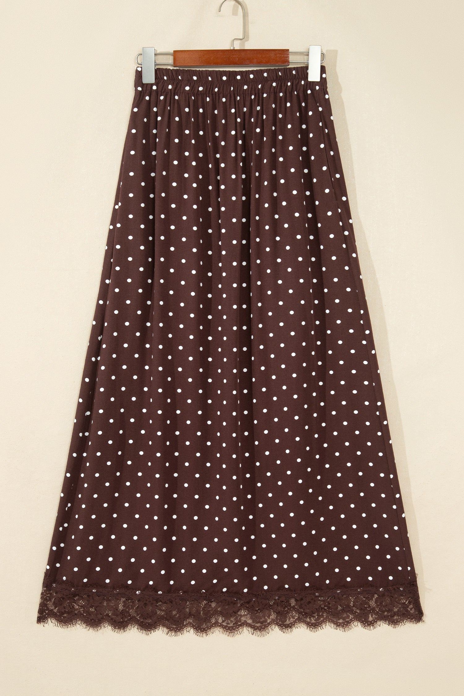 Brown Polka Dot Lace Hem Elegant Long Shift Skirt