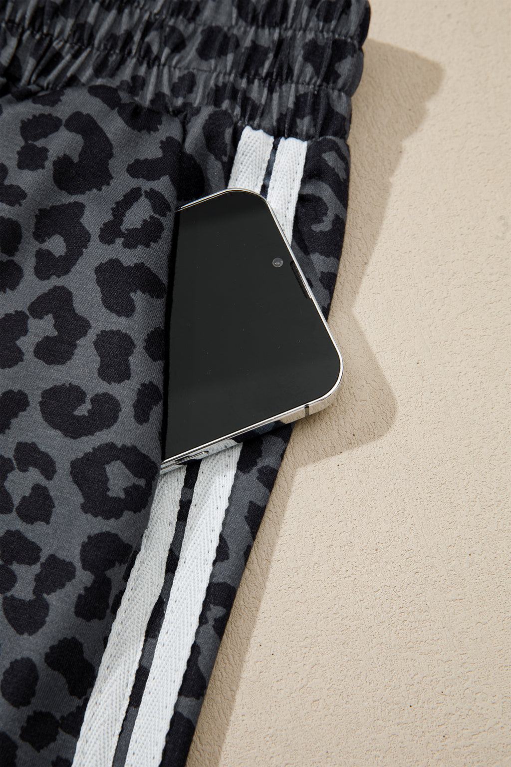Gray Leopard Print Varsity Striped Detail 3/4 Sleeve Top Shift Pant Set