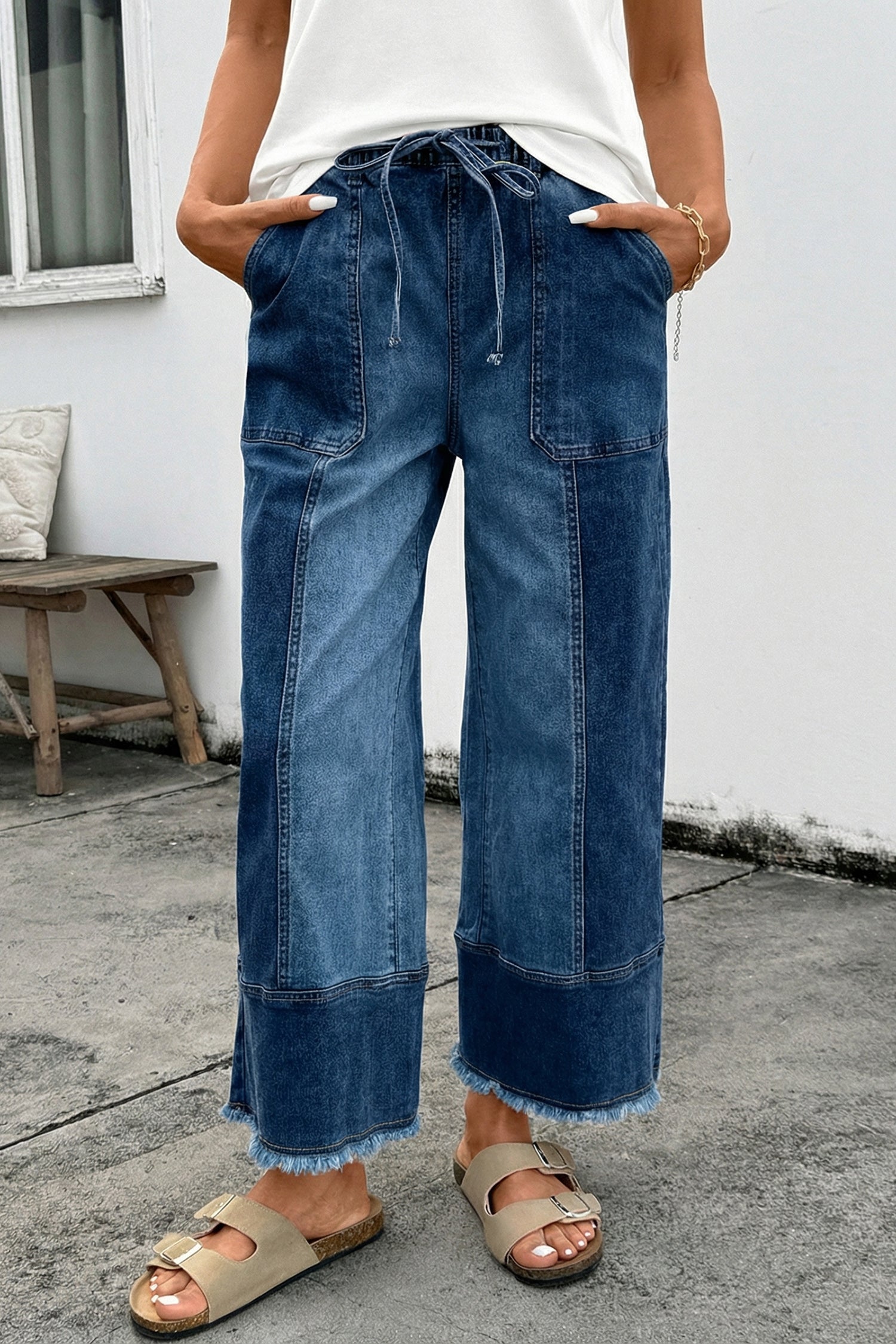 Beau Blue Drawstring Seam Detail Raw Hem Wide Leg Denim Pants