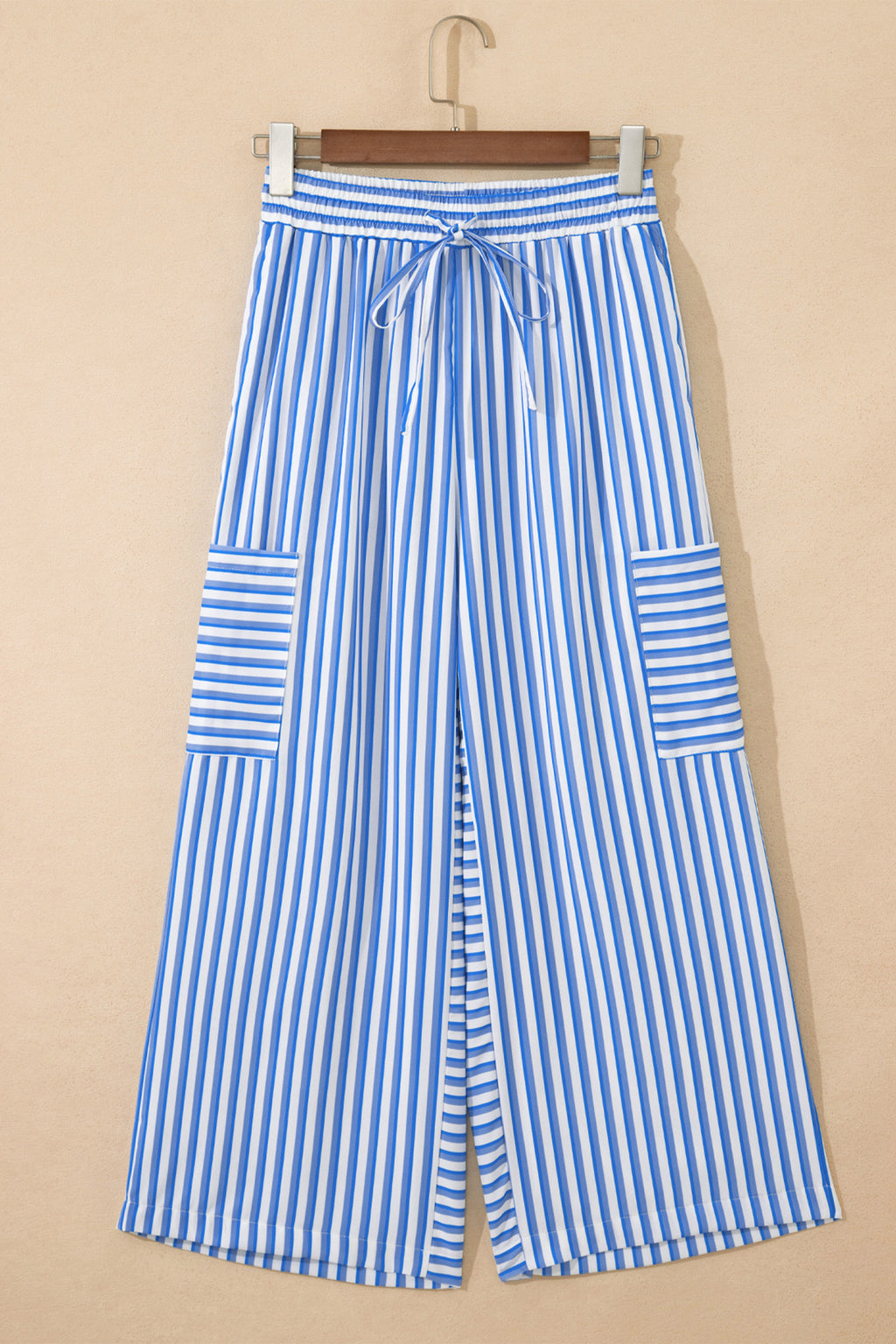 Sky Blue Stripe Drawstring Elastic Waist Patch Pocket Wide Leg Ankle-length Pants