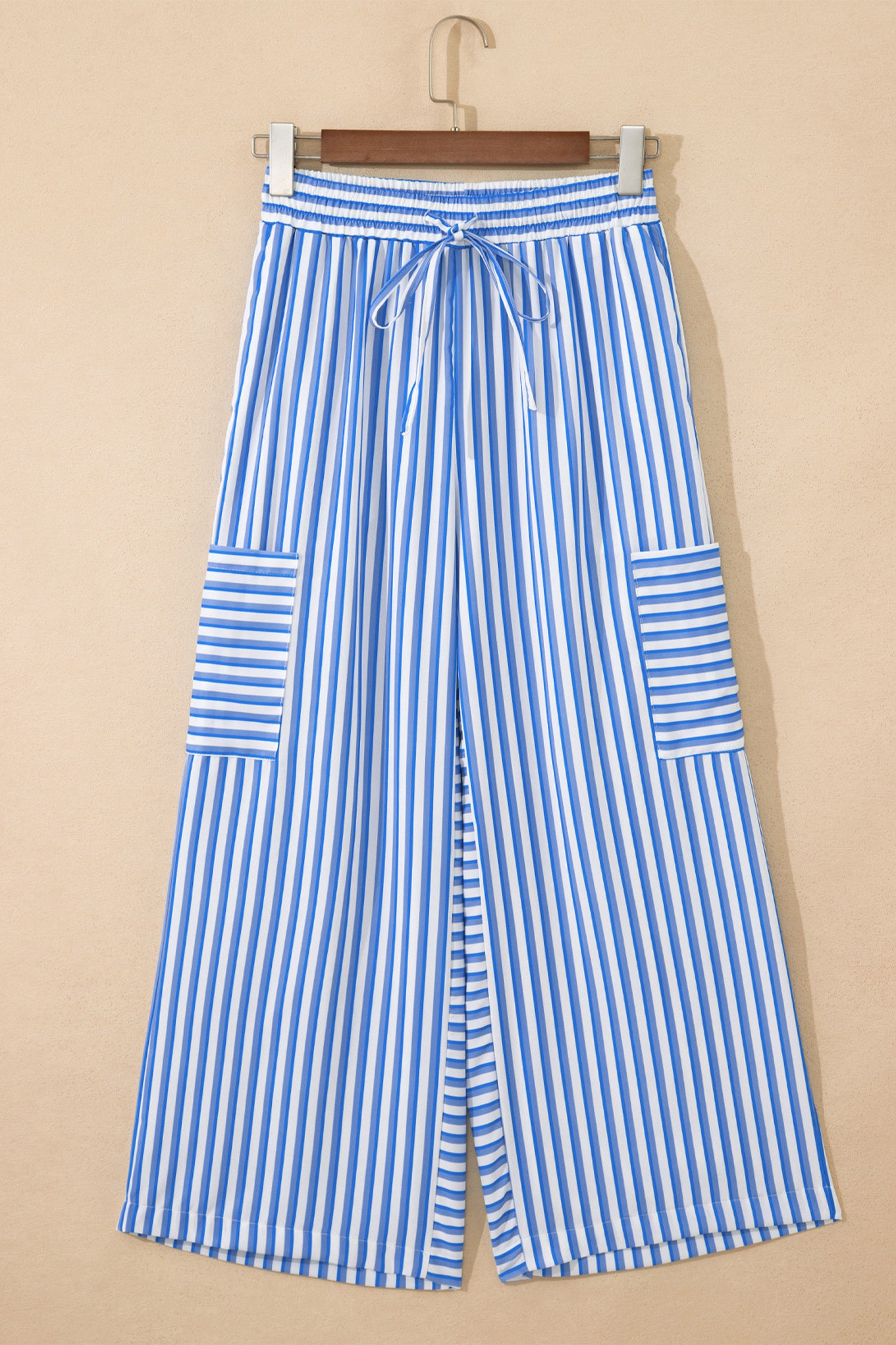 Sky Blue Stripe Drawstring Elastic Waist Patch Pocket Wide Leg Ankle-length Pants