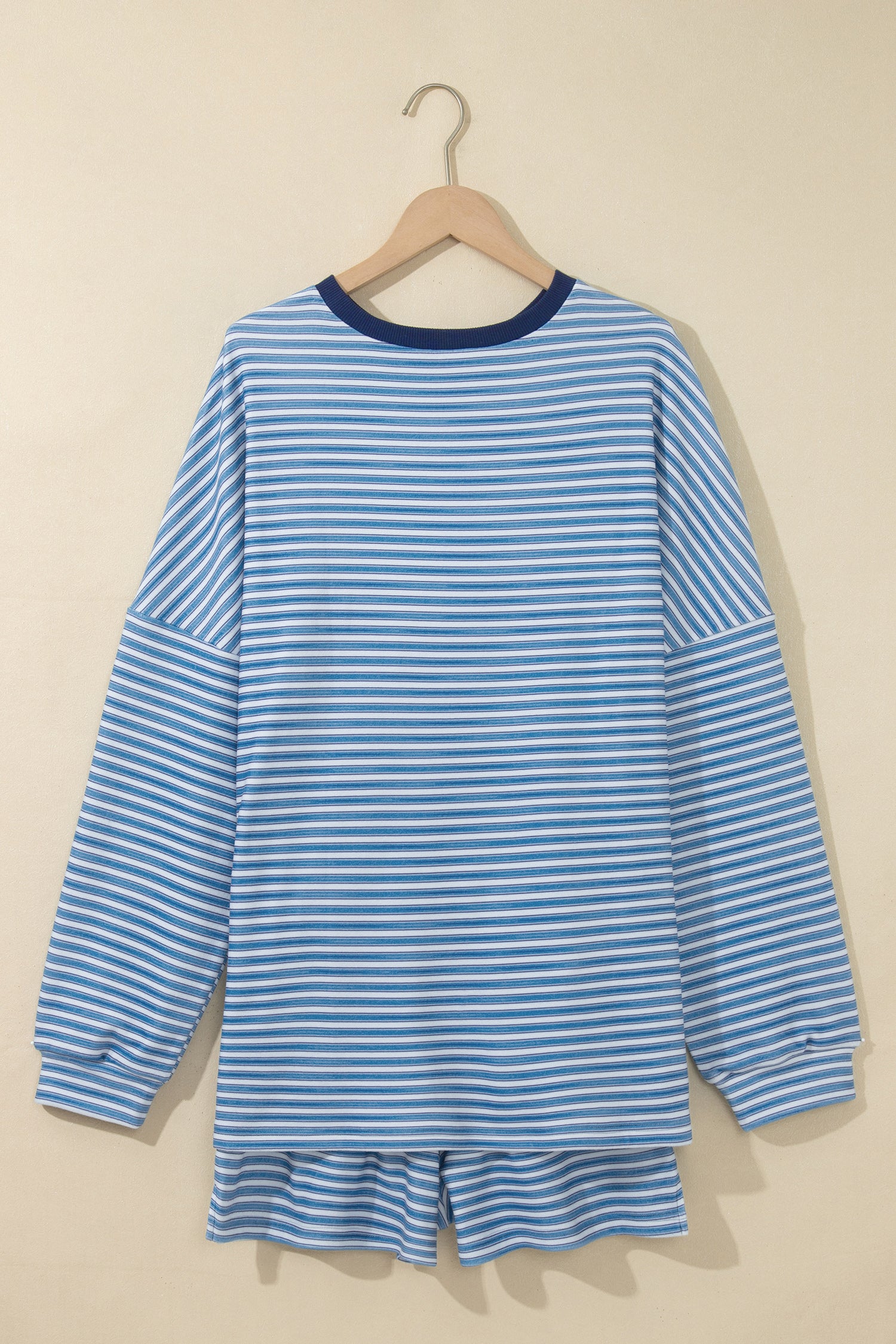 Sky Blue Stripe Long Sleeve Oversized Top Pocketed Casual Shorts Two Piece Set