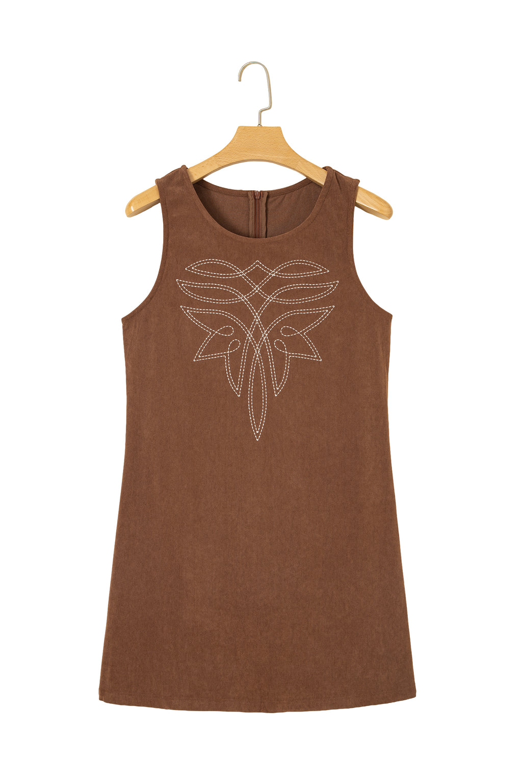 Coffee Geometric Embroidery Sleeveless Corduroy Shift Dress