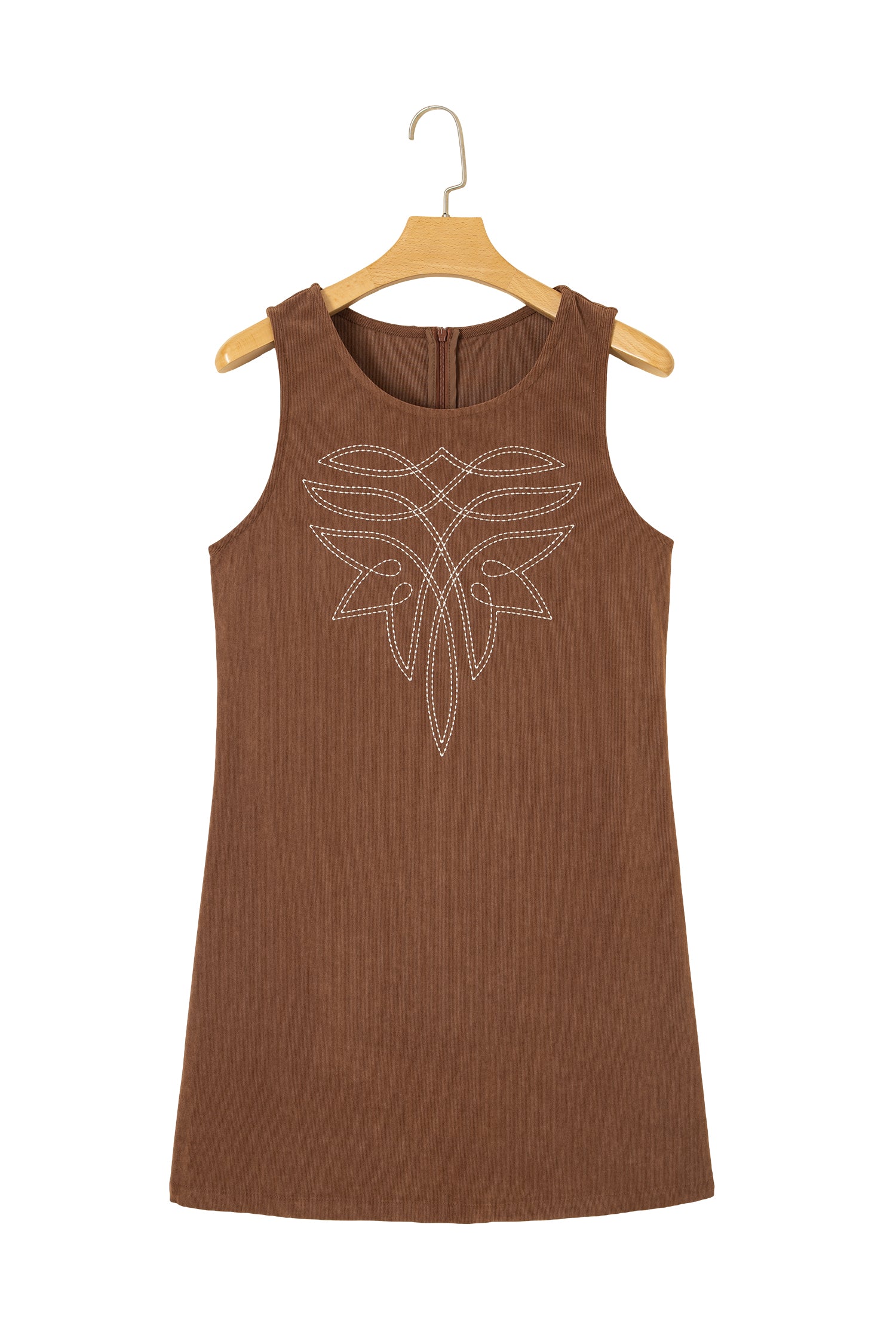 Coffee Geometric Embroidery Sleeveless Corduroy Shift Dress