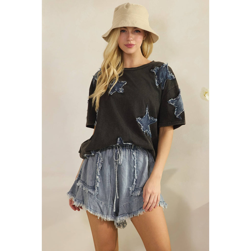 STARLIT DENIM APPLIQUE TEE (ST7762)