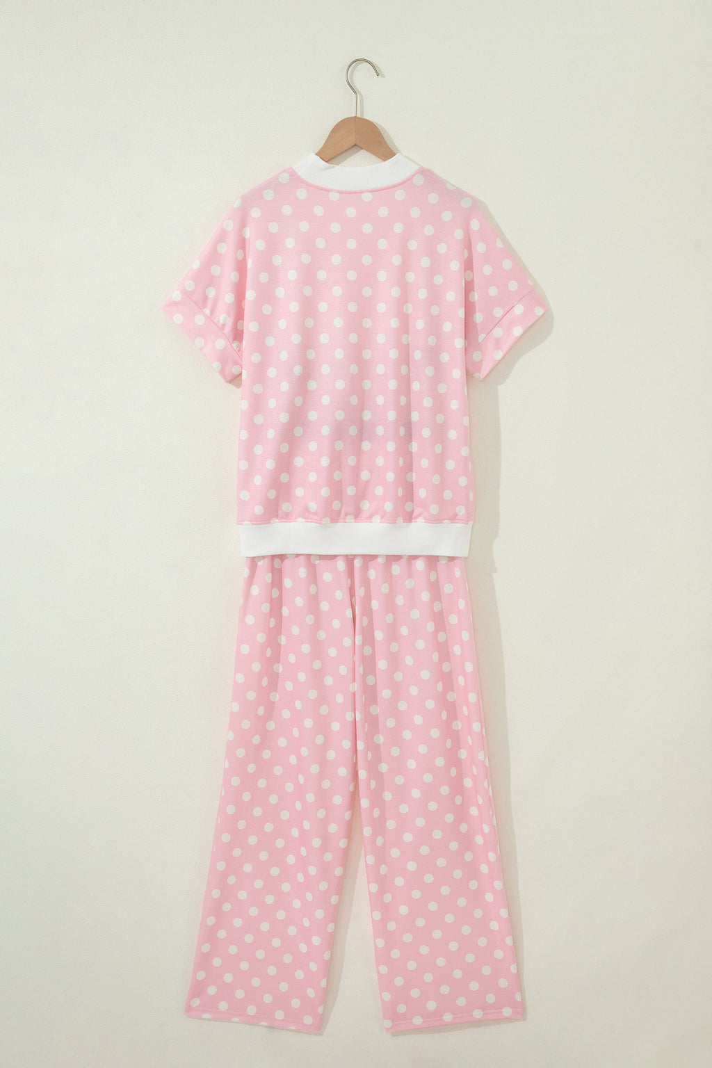 Pink Polka Dot Print Mock Neck Short Sleeve Top Shift Pant Set