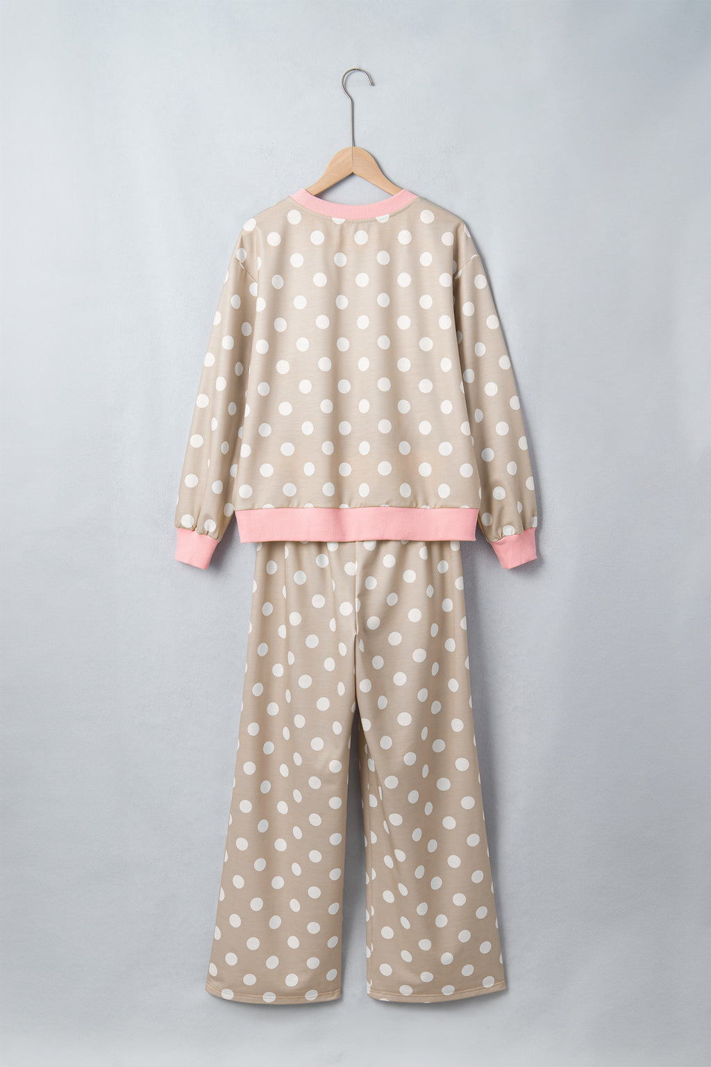 Khaki Polka Dot Contrast Trim Long Sleeve Top Drawstring Shift Pants Set