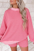 Pink Stripe Ribbed Patchwork Mock Neck Baggy Pullover Matching Shorts Set