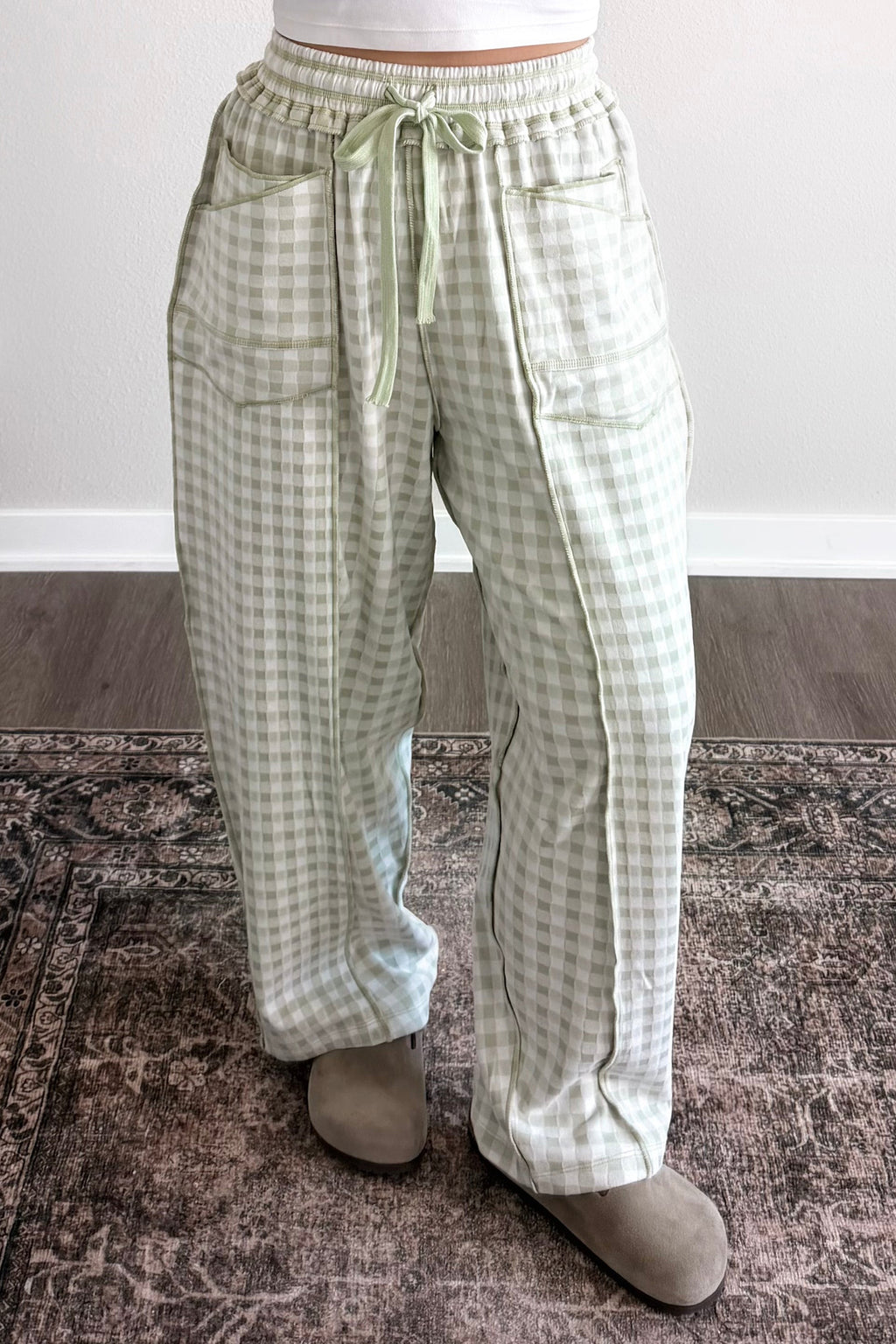 Red Plaid Contrast Trim Drawstring Elastic Waist Shift Pants
