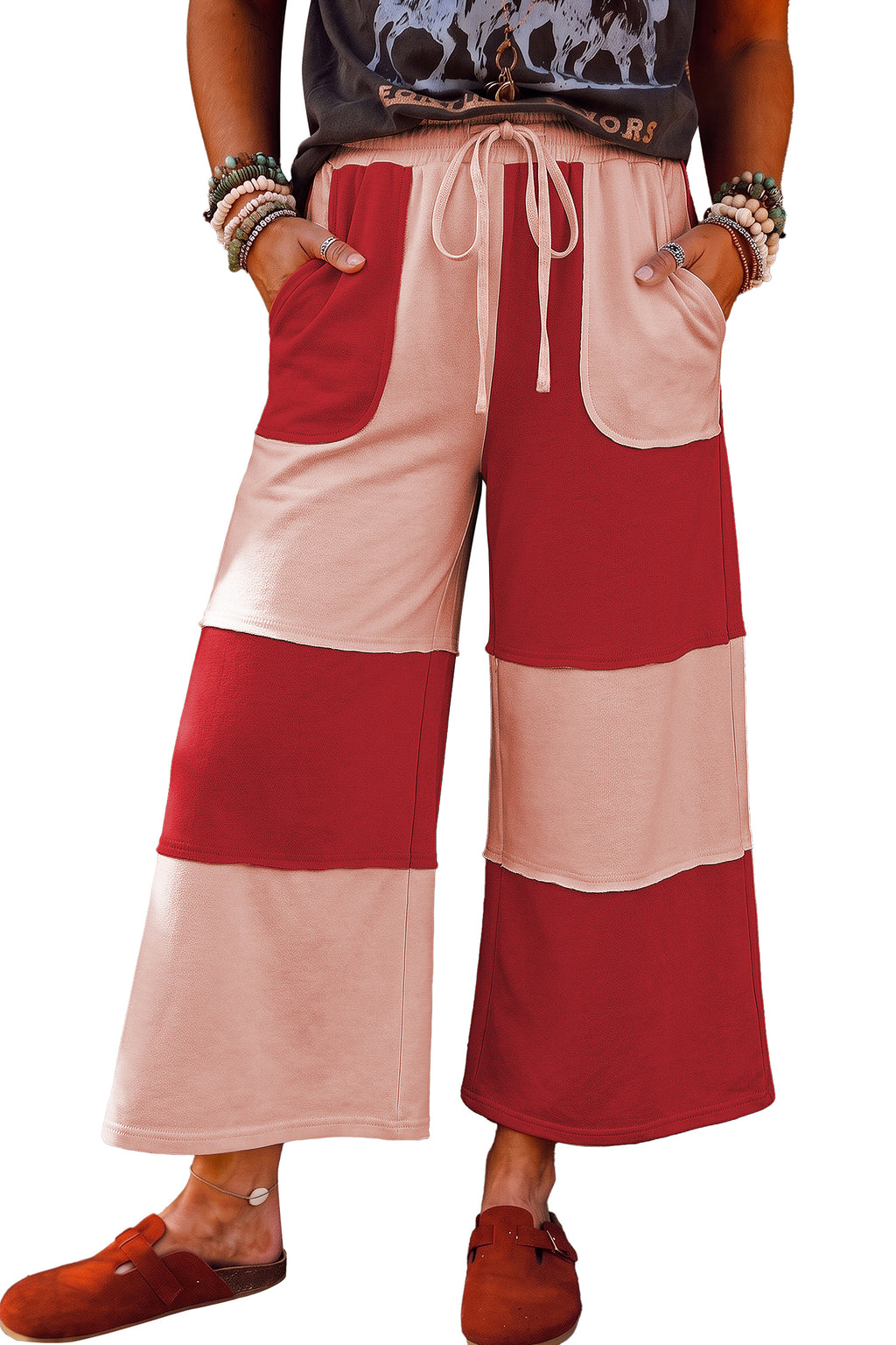Fiery Red Raw Seam Colorblock Wide Leg Ankle Length Casual Pants