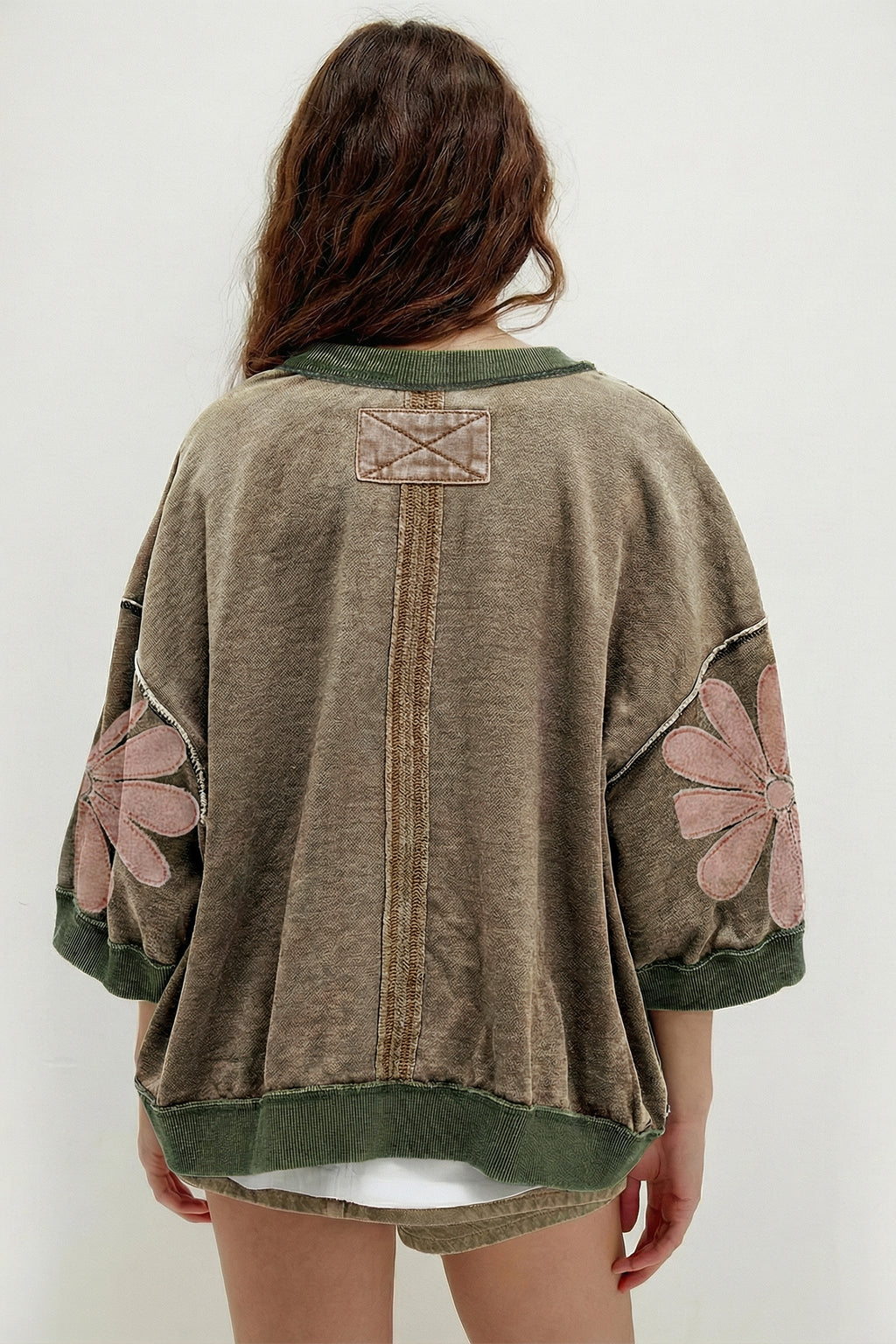 Breen Mineral Wash Raw Seam Patchwork Flower Patched 3/4 Sleeve Oversize Top