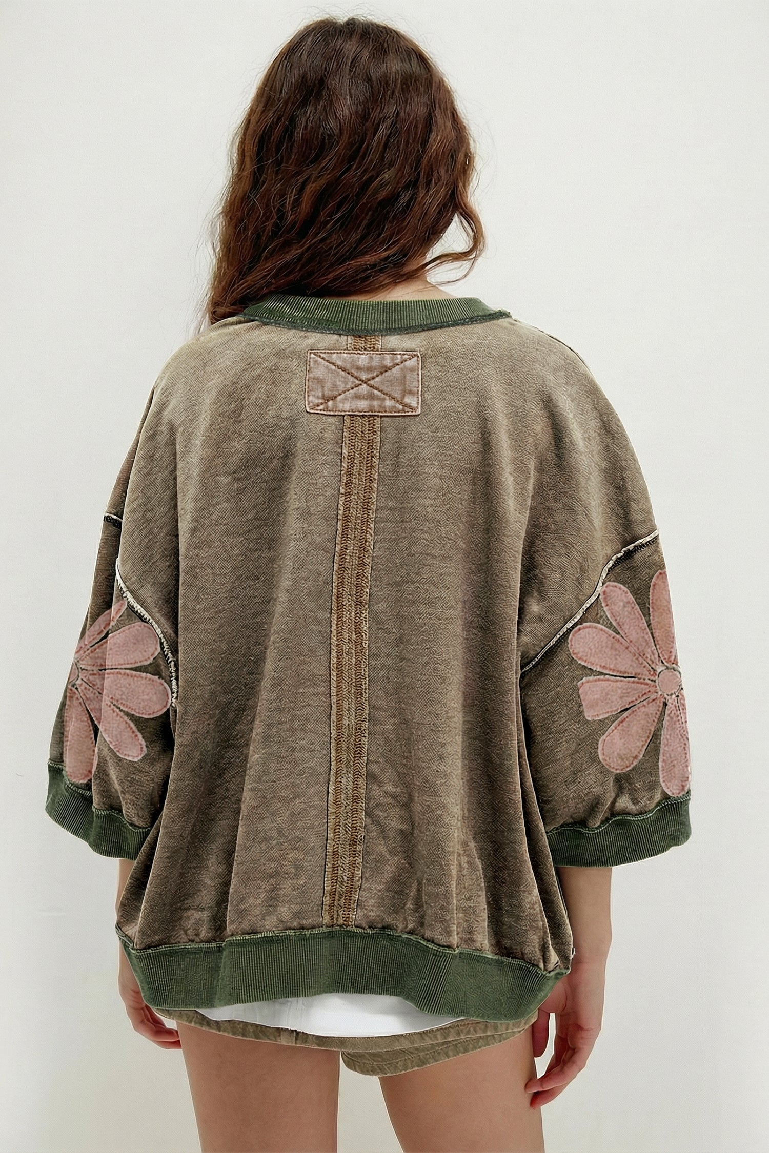 Breen Mineral Wash Raw Seam Patchwork Flower Patched 3/4 Sleeve Oversize Top