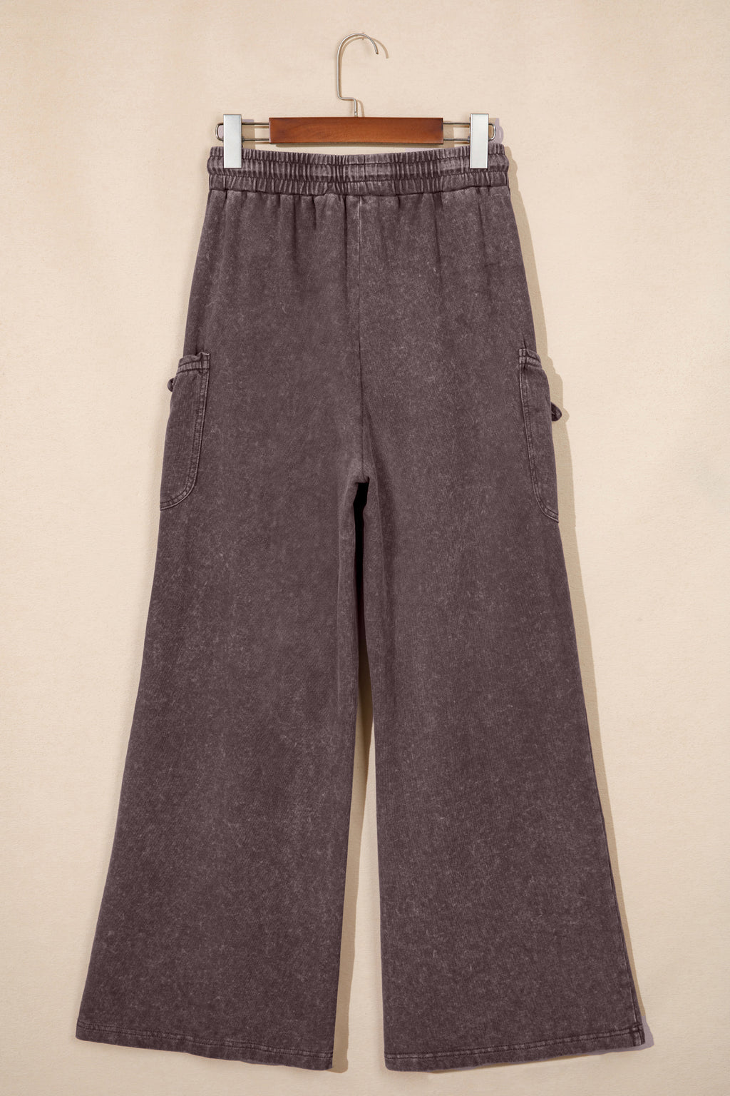 Dark Brown Cotton Mineral Wash Elastic Waist Drawstring Tie Detail Cargo Pants