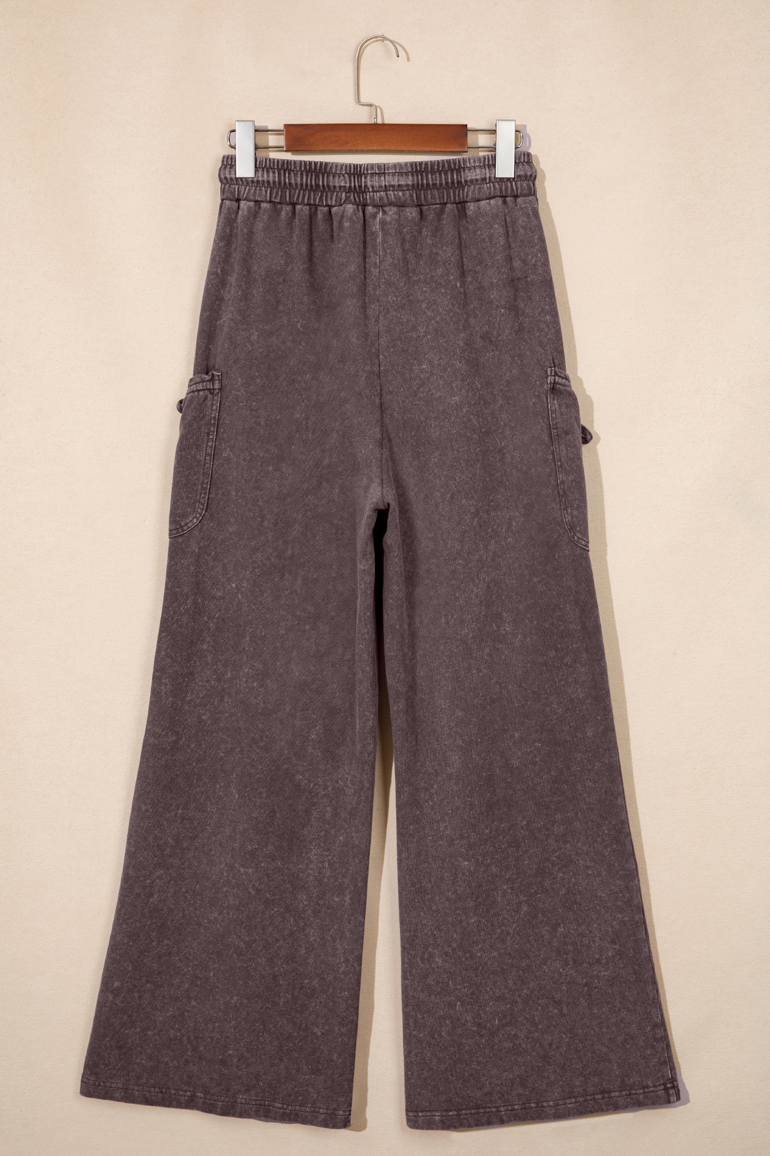 Dark Brown Cotton Mineral Wash Elastic Waist Drawstring Tie Detail Cargo Pants