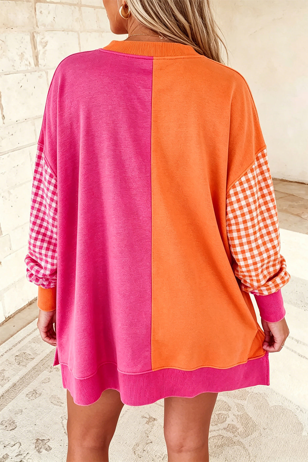 Light Blue Colorblock Gingham Sleeve Crewneck Sweatshirt